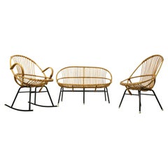 Vintage Rattan & Metal Lounge Sofa, Chair and Rocking Chair Rohé Noordwolde, 1960s