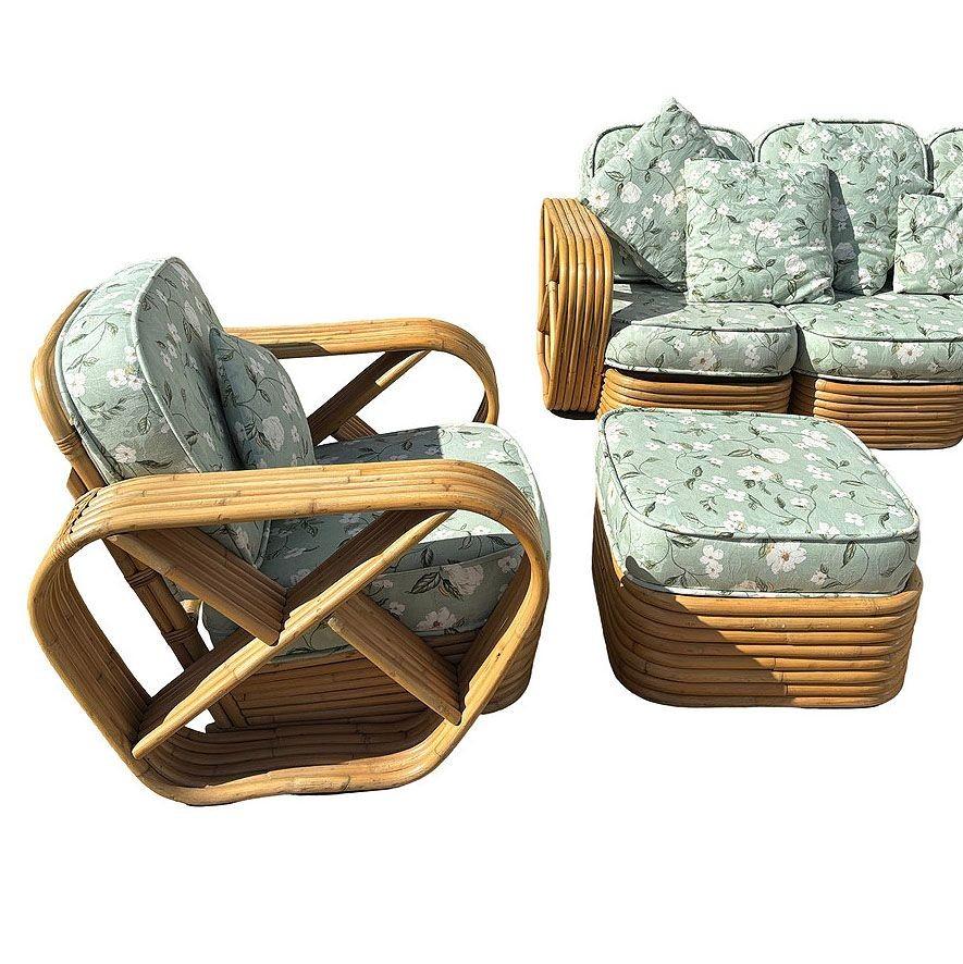 Mid-Century Modern Rattan Mid-century Six-Strand Square Pretzel Sofa & Lounge Chair Livingroom Set For Sale