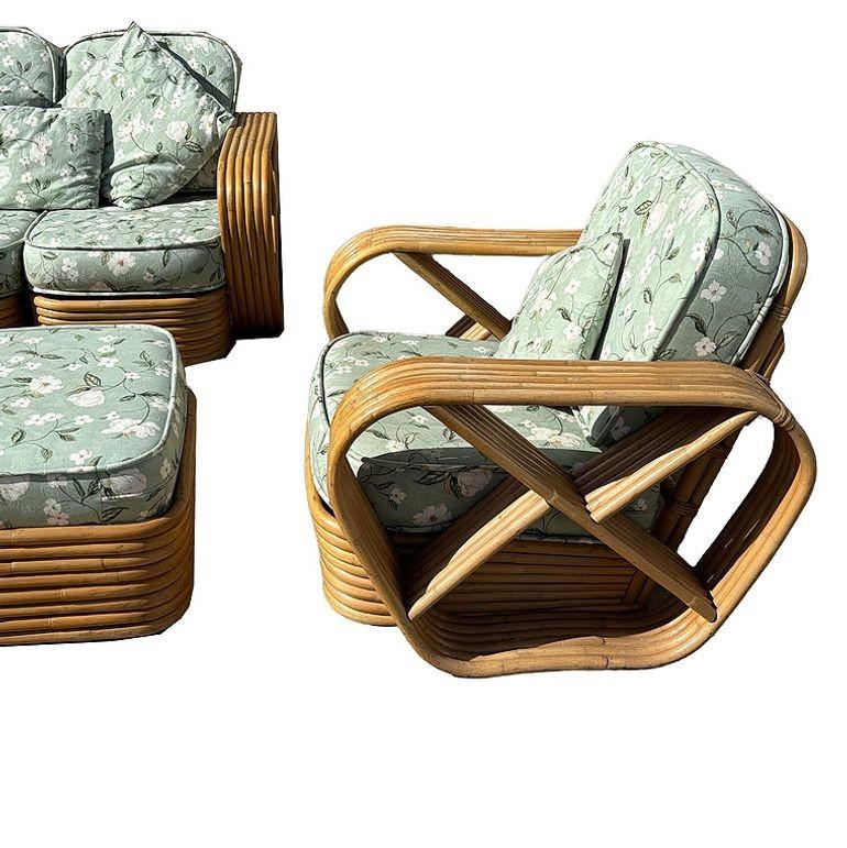 American Rattan Mid-century Six-Strand Square Pretzel Sofa & Lounge Chair Livingroom Set For Sale
