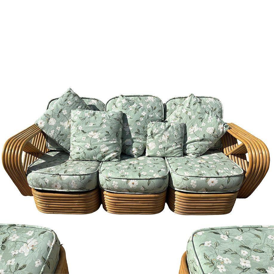 Rattan Mid-century Six-Strand Square Pretzel Sofa & Lounge Chair Livingroom Set In Good Condition For Sale In Van Nuys, CA