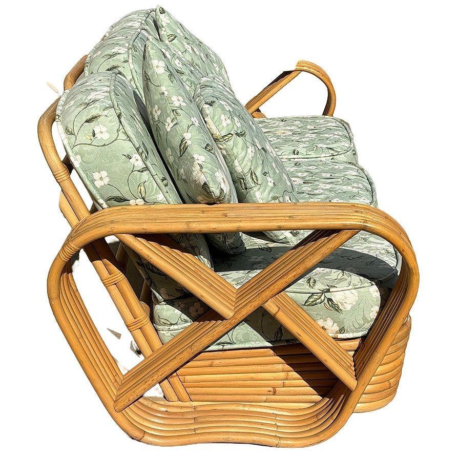 Mid-20th Century Rattan Mid-century Six-Strand Square Pretzel Sofa & Lounge Chair Livingroom Set For Sale