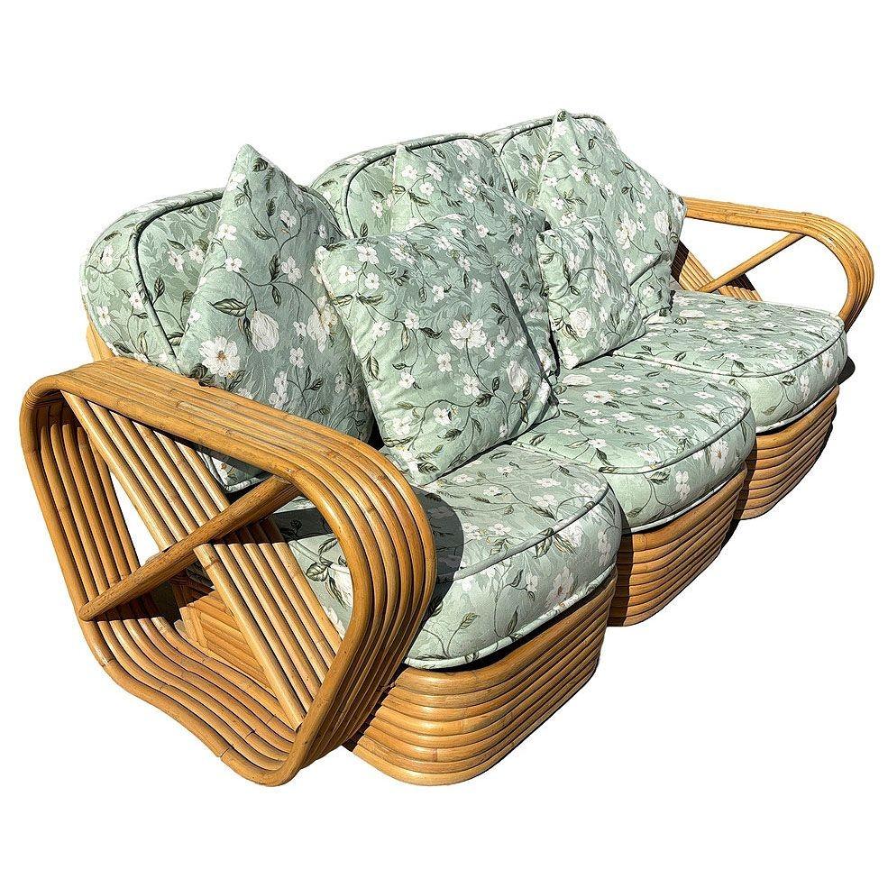 Fabric Rattan Mid-century Six-Strand Square Pretzel Sofa & Lounge Chair Livingroom Set For Sale