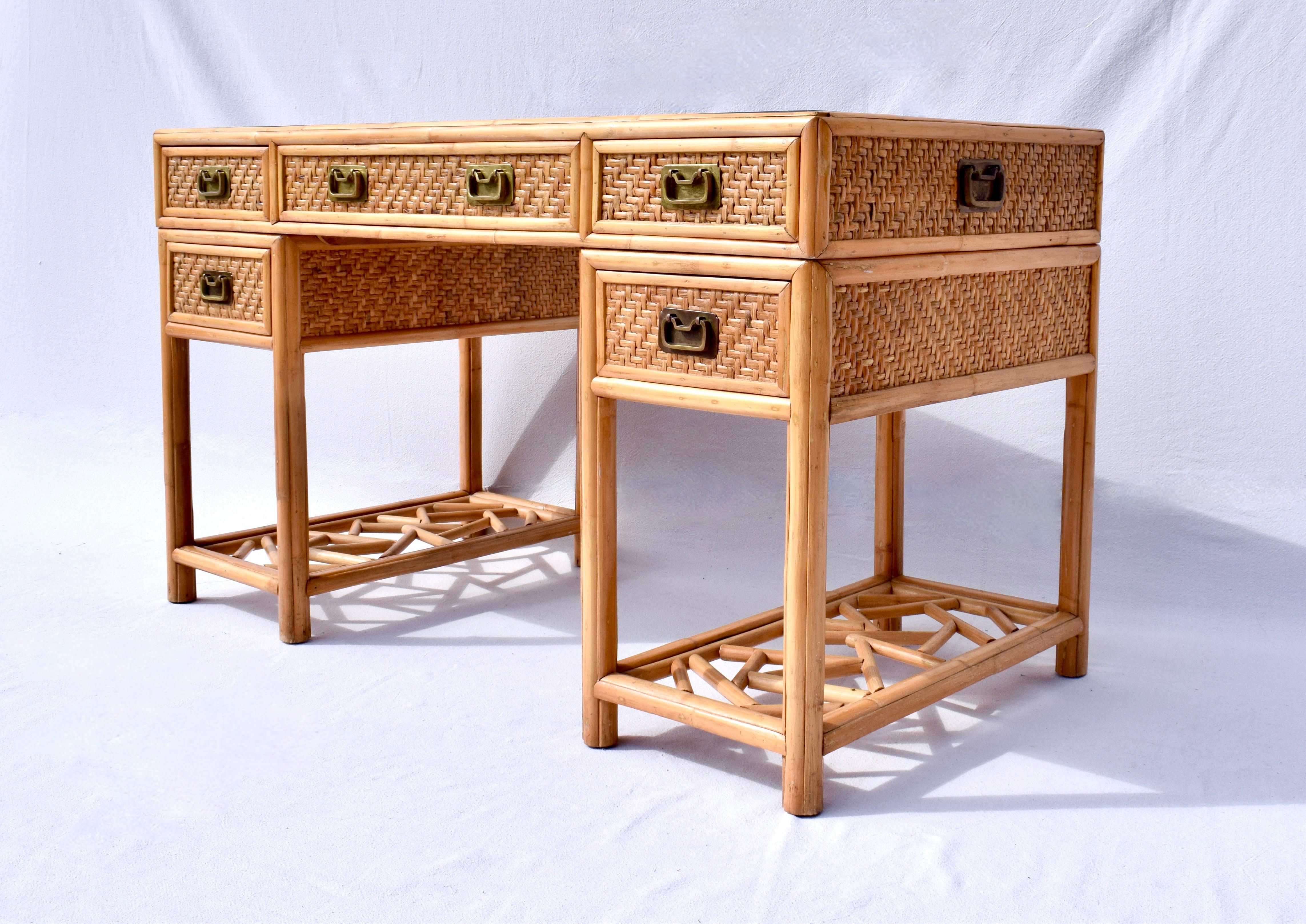 Rattan Midcentury British Colonial Campaign Style Desk In Good Condition In Southampton, NJ