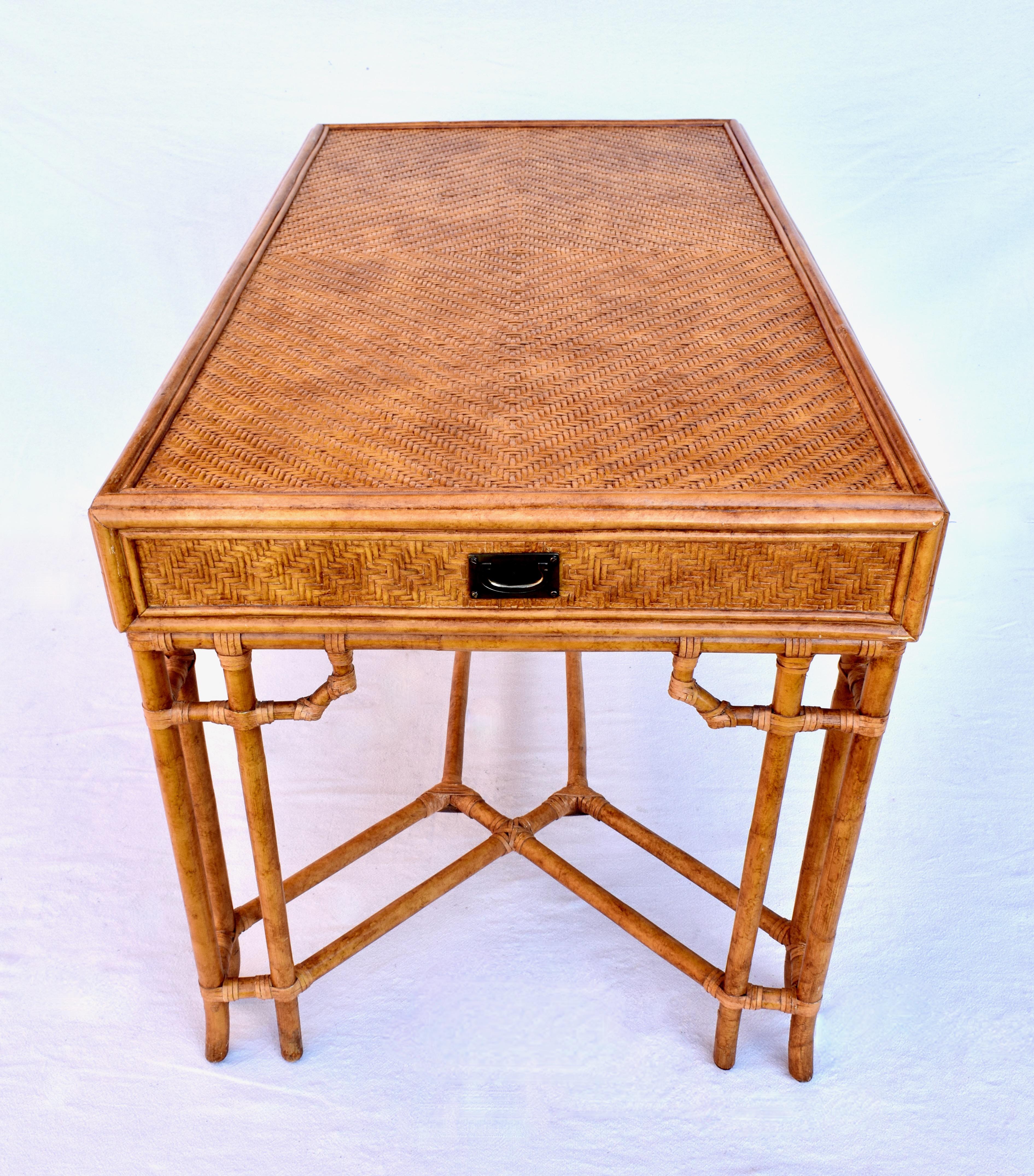 Woven Rattan Midcentury British Colonial Campaign Style Desk