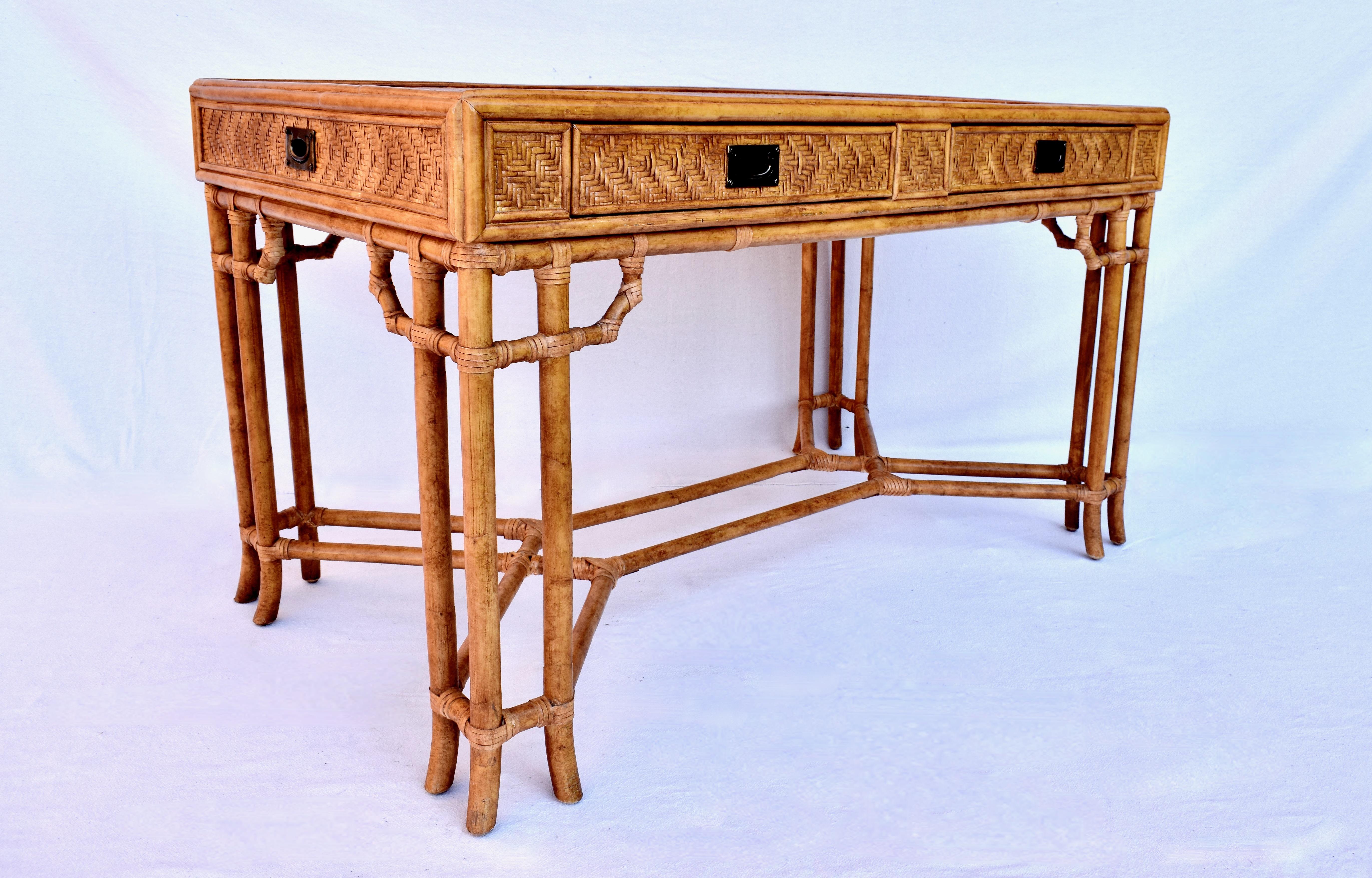 Rattan Midcentury British Colonial Campaign Style Desk In Good Condition In Southampton, NJ