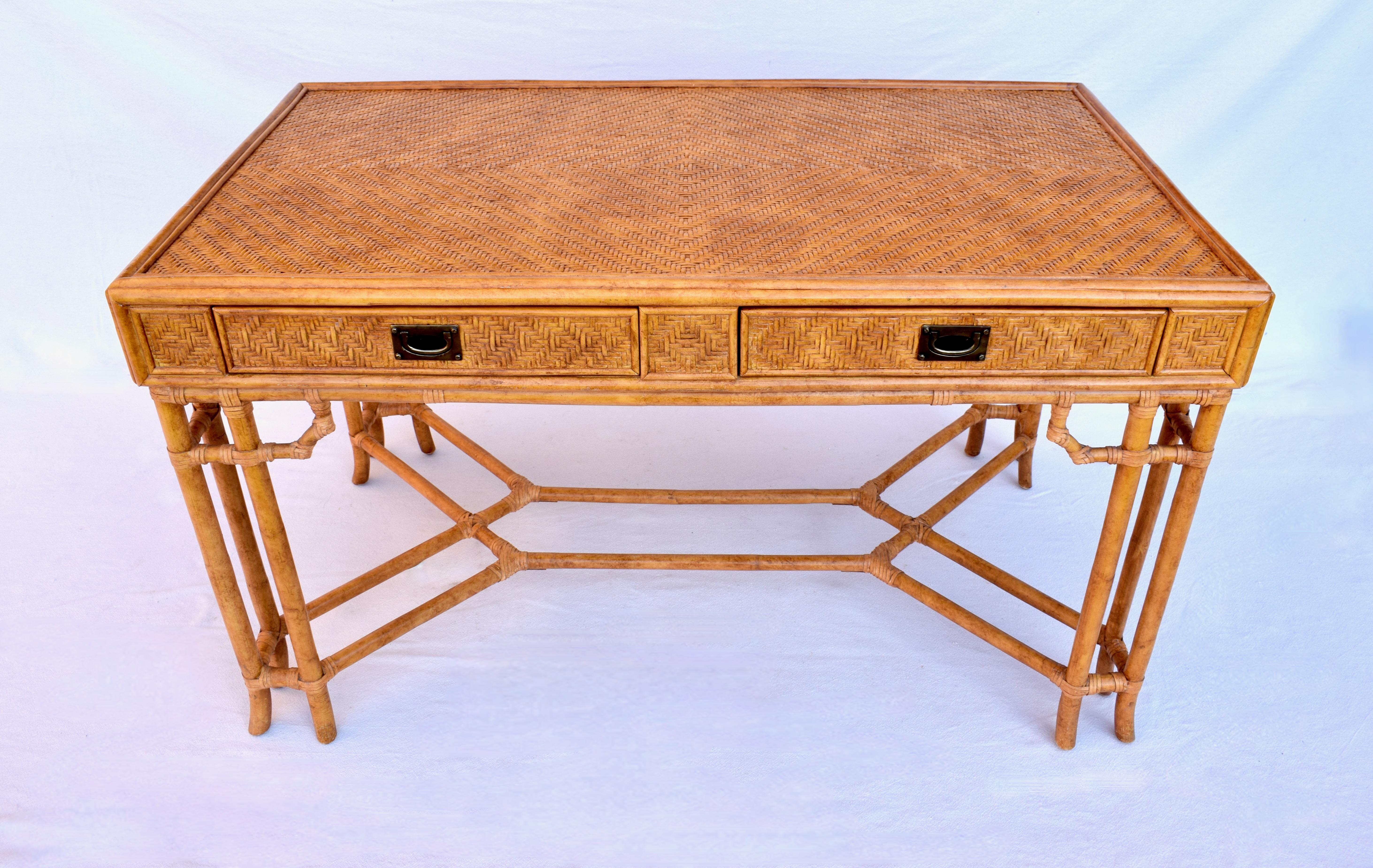 20th Century Rattan Midcentury British Colonial Campaign Style Desk