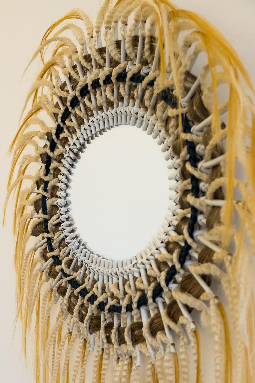 French Rattan Mirror and Synthetic Fibers, Unique Pieces Directed, Art Modern