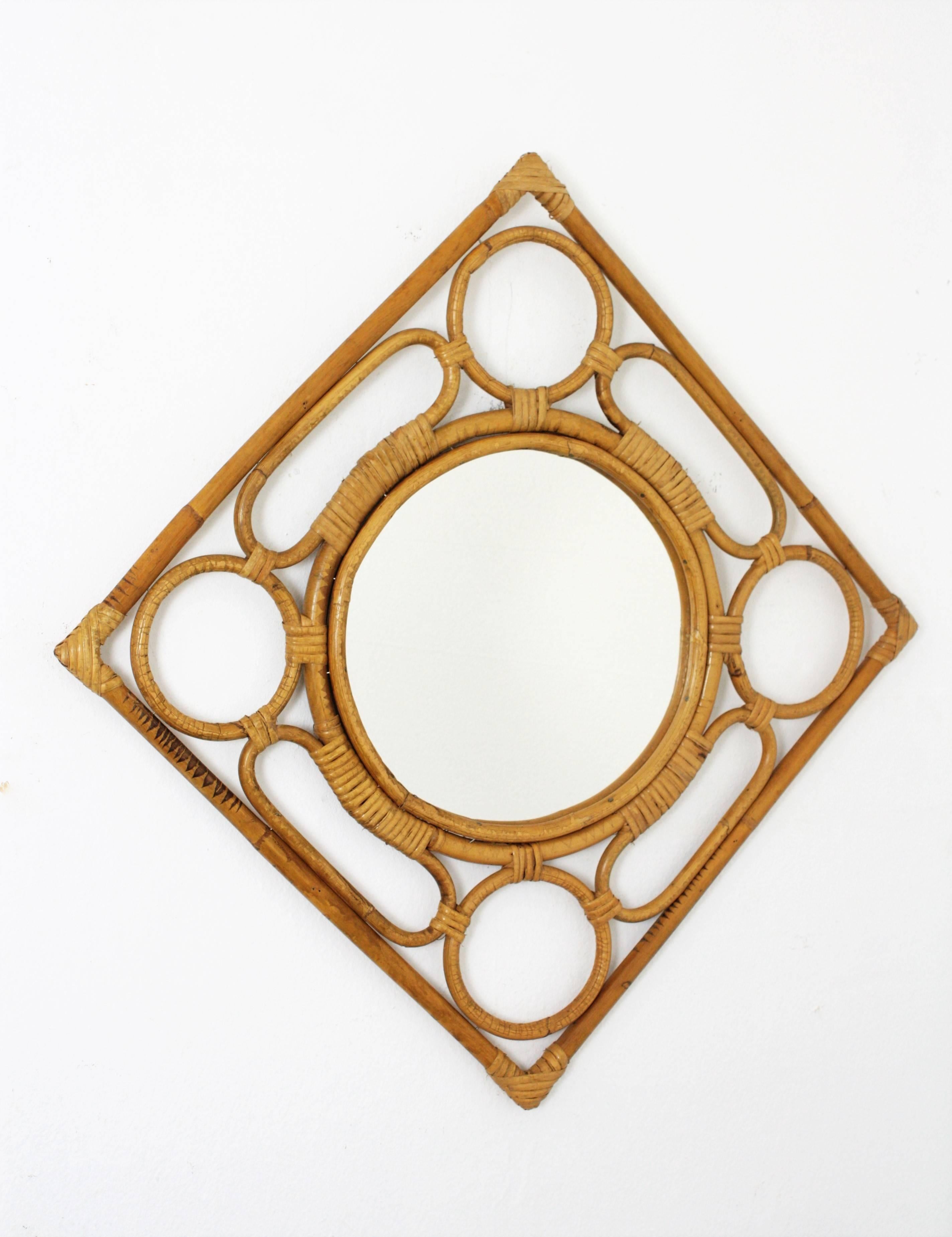 Spanish Mid-Century Modern Rattan Wall Mirror For Sale