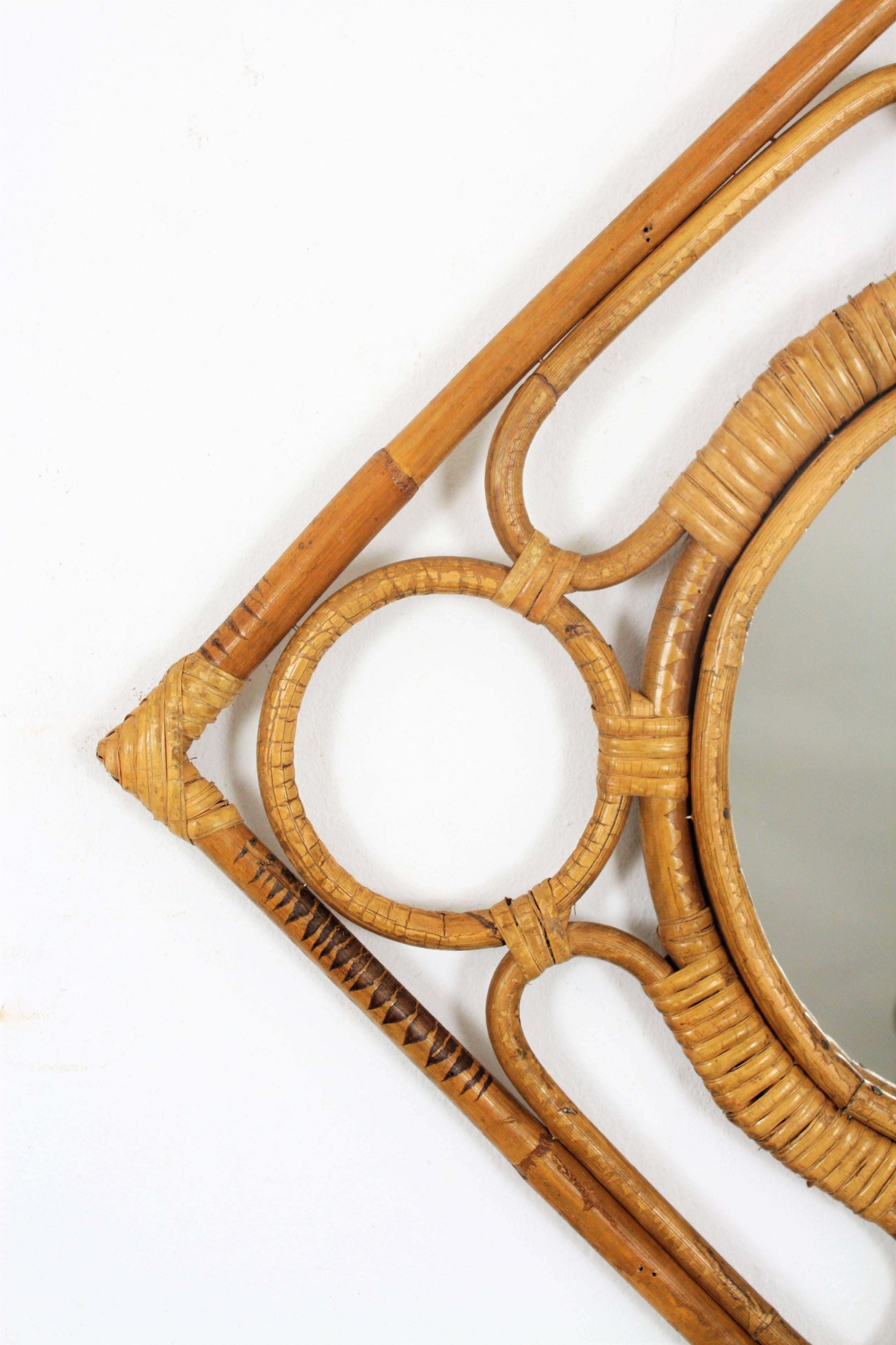 Hand-Crafted Mid-Century Modern Rattan Wall Mirror For Sale