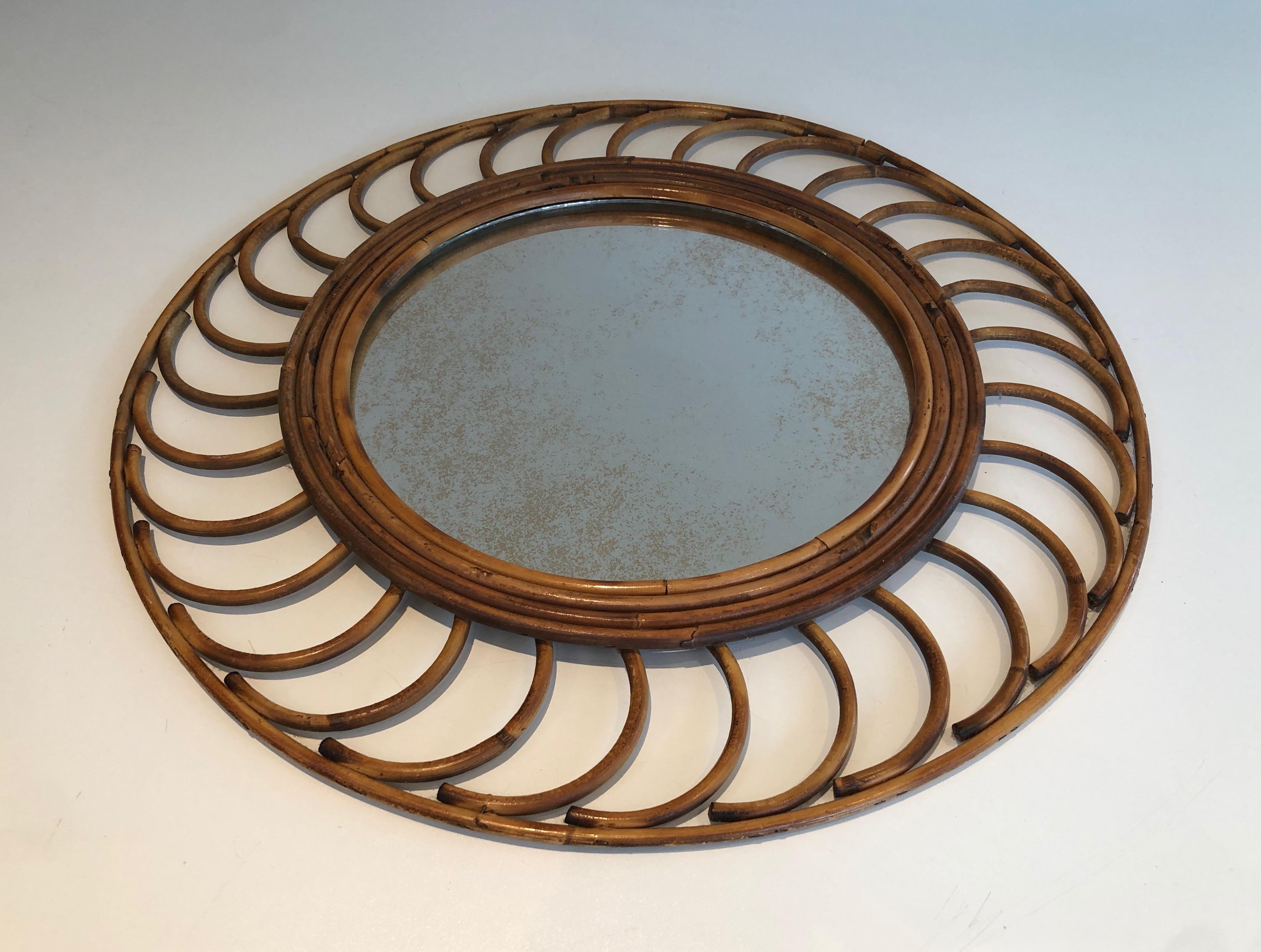 Mid-Century Modern Rattan Mirror. French Work, circa 1970 For Sale