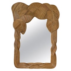 Miroir en rotin avec feuille de palmier tressée, France, années 1980