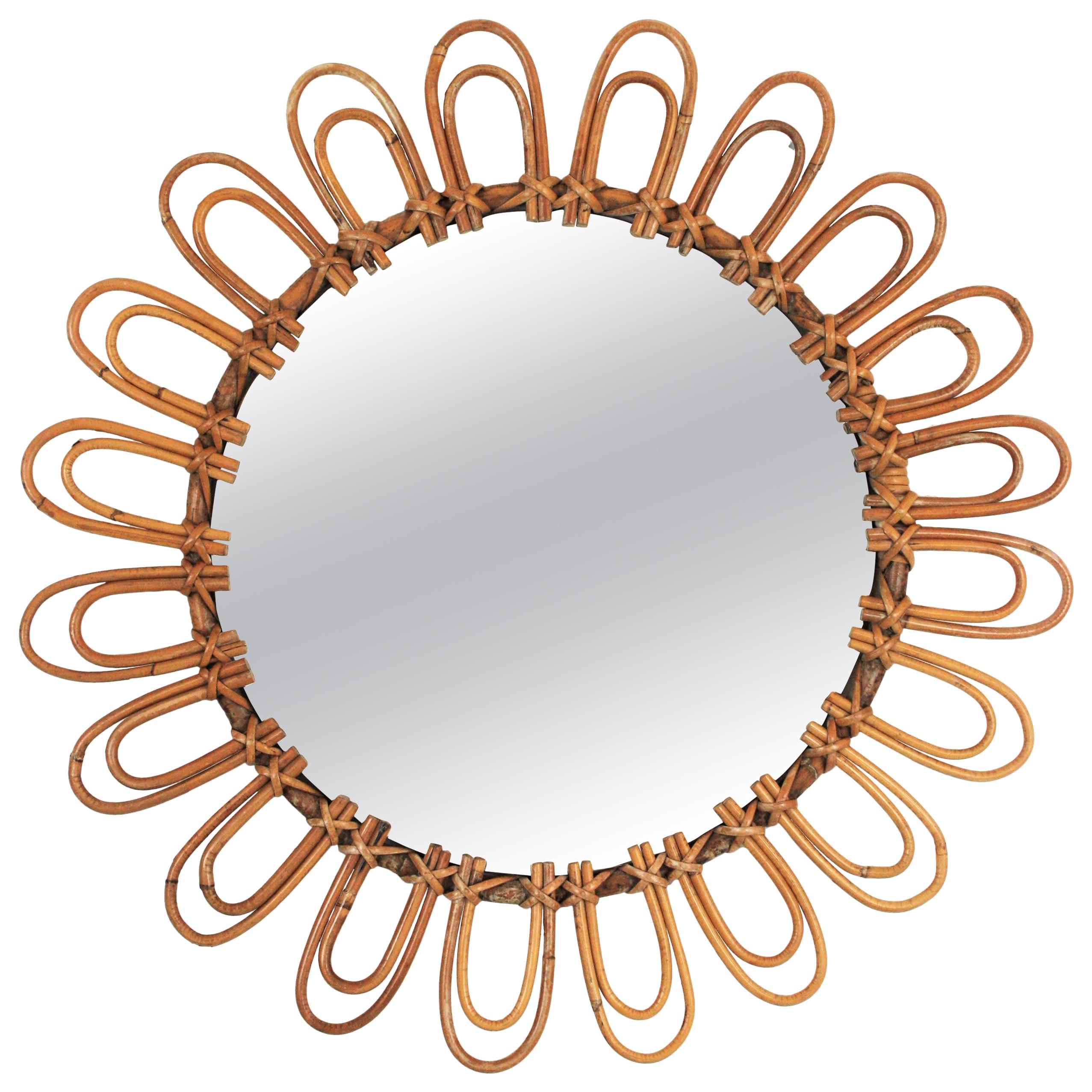 Rattan Mirror with Flower Shape, Midcentury Mediterranean Design, 1960s