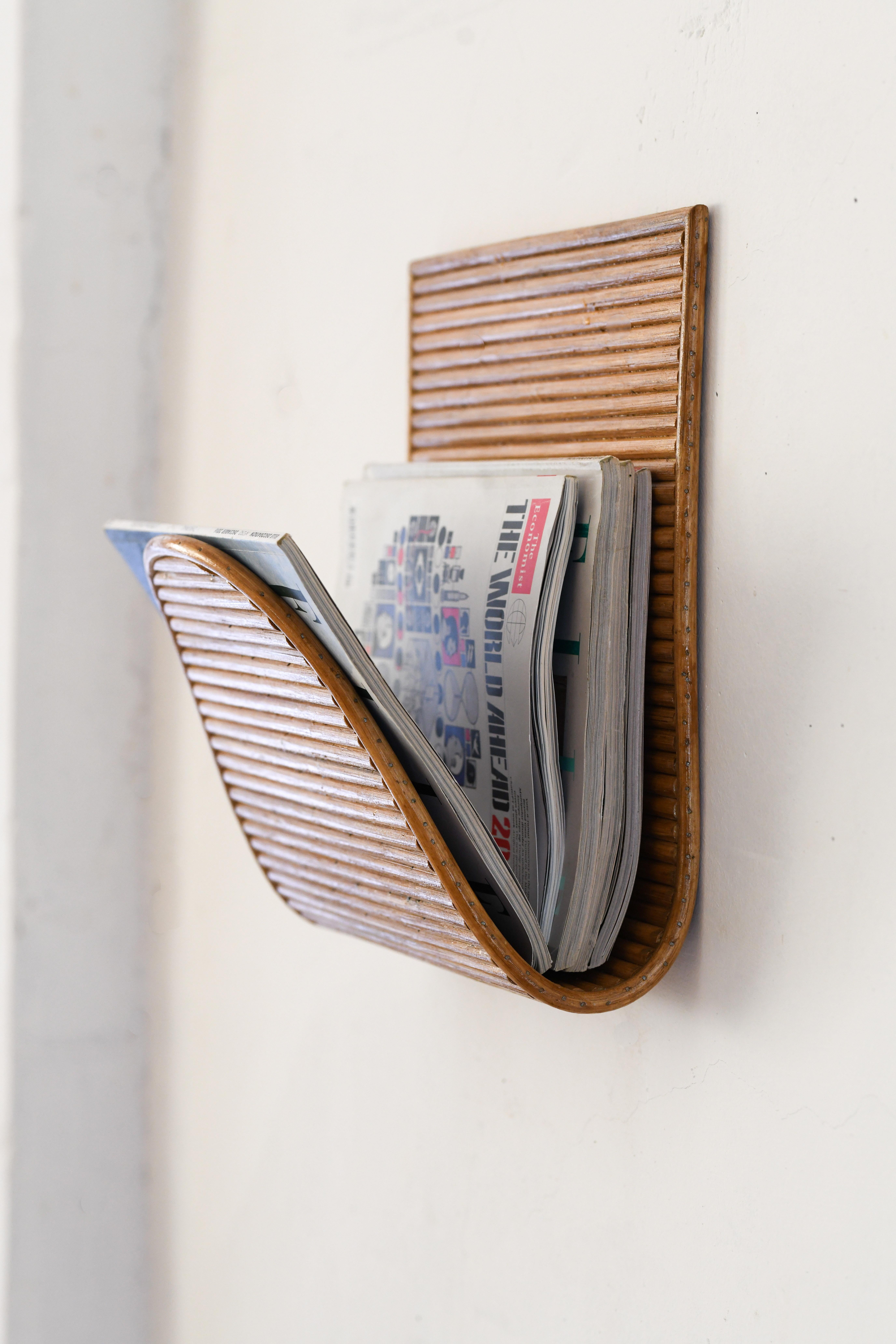 Mid-Century Modern Rattan Modern Wall Mounted Magazine Rack Aldo. Mid-Century Style For Sale