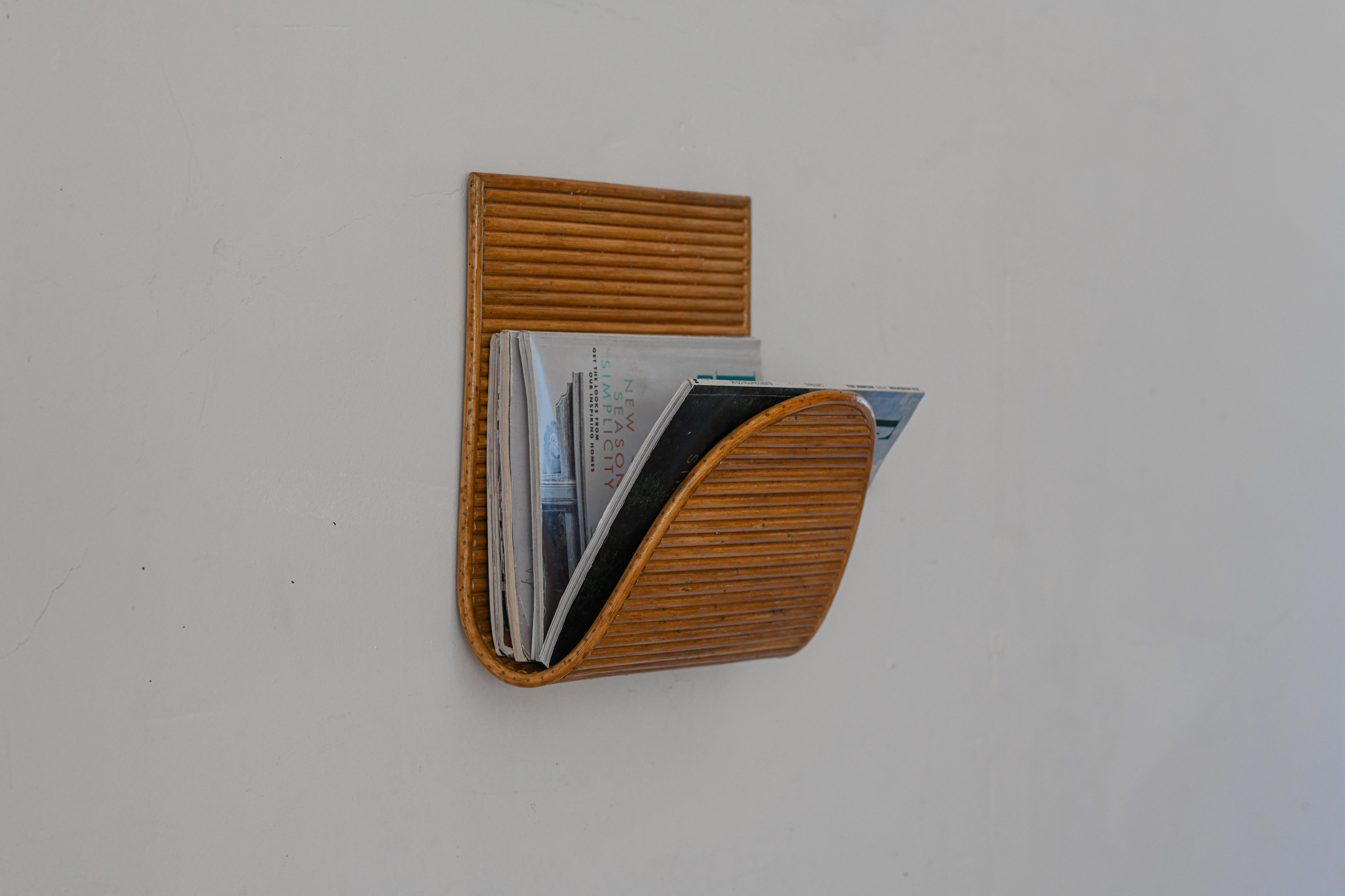 Philippine Rattan Modern Wall Mounted Magazine Rack Aldo. Mid-Century Style For Sale