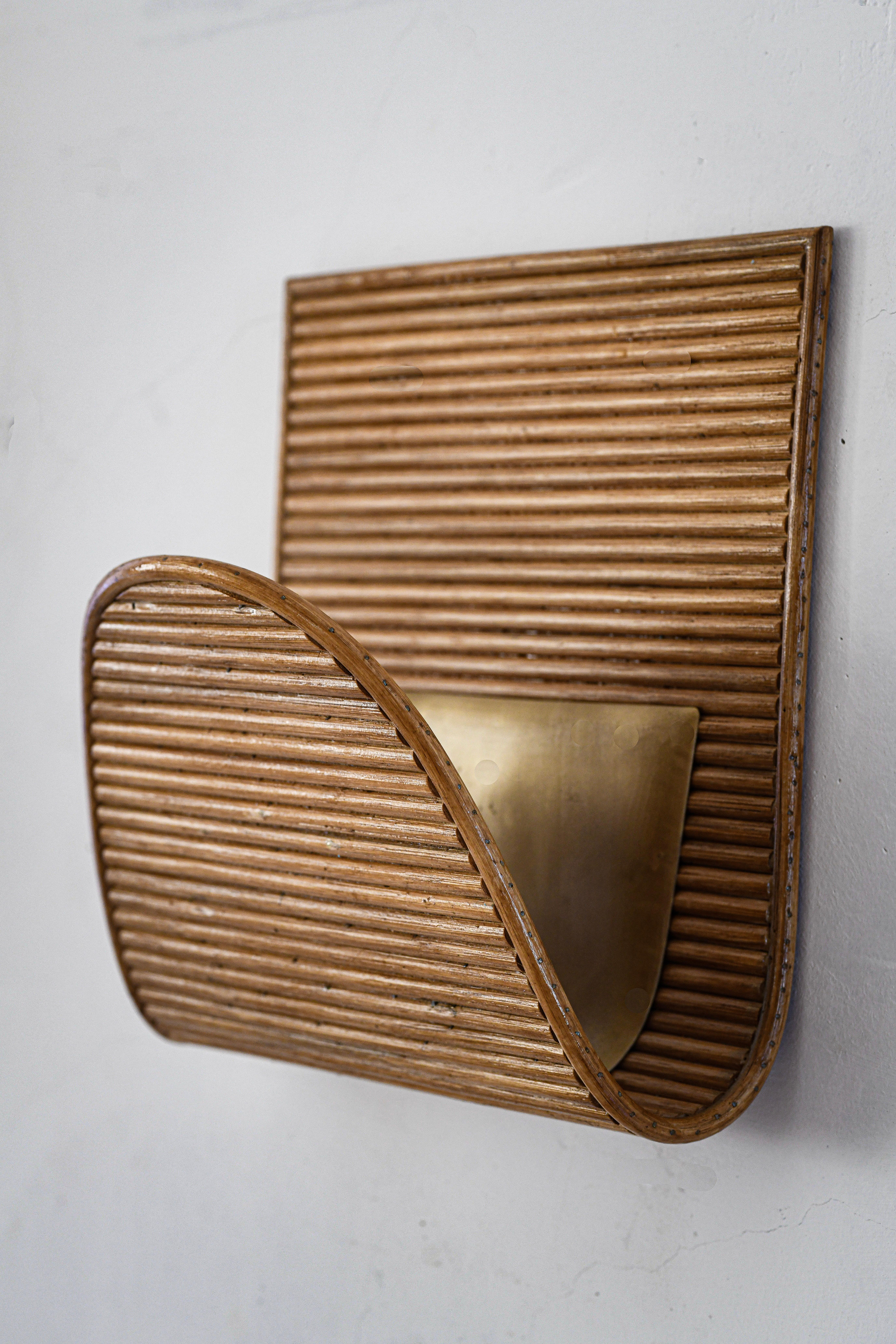 Lacquered Rattan Modern Wall Mounted Magazine Rack Aldo. Mid-Century Style For Sale
