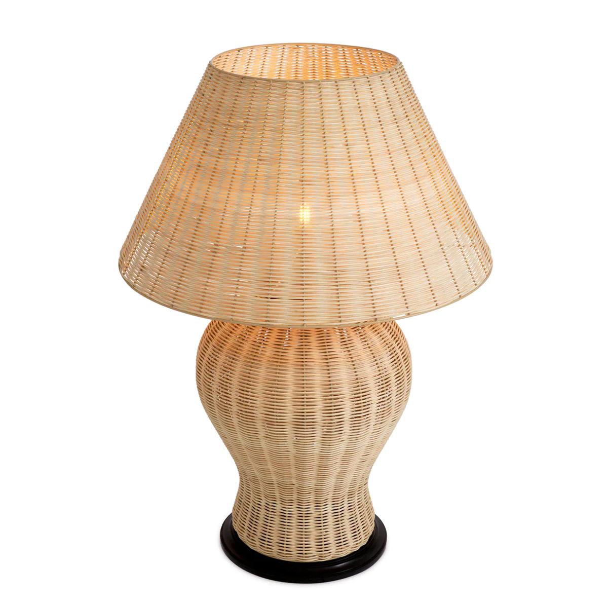 Lampe de table en rotin Nature avec base et abat-jour
en rotin en finition naturelle. Avec base en bois de manguier
en noir mat. 1 ampoule, douille type E27,
max 100 Watt, 220-240 Volt. Ampoule non incluse.