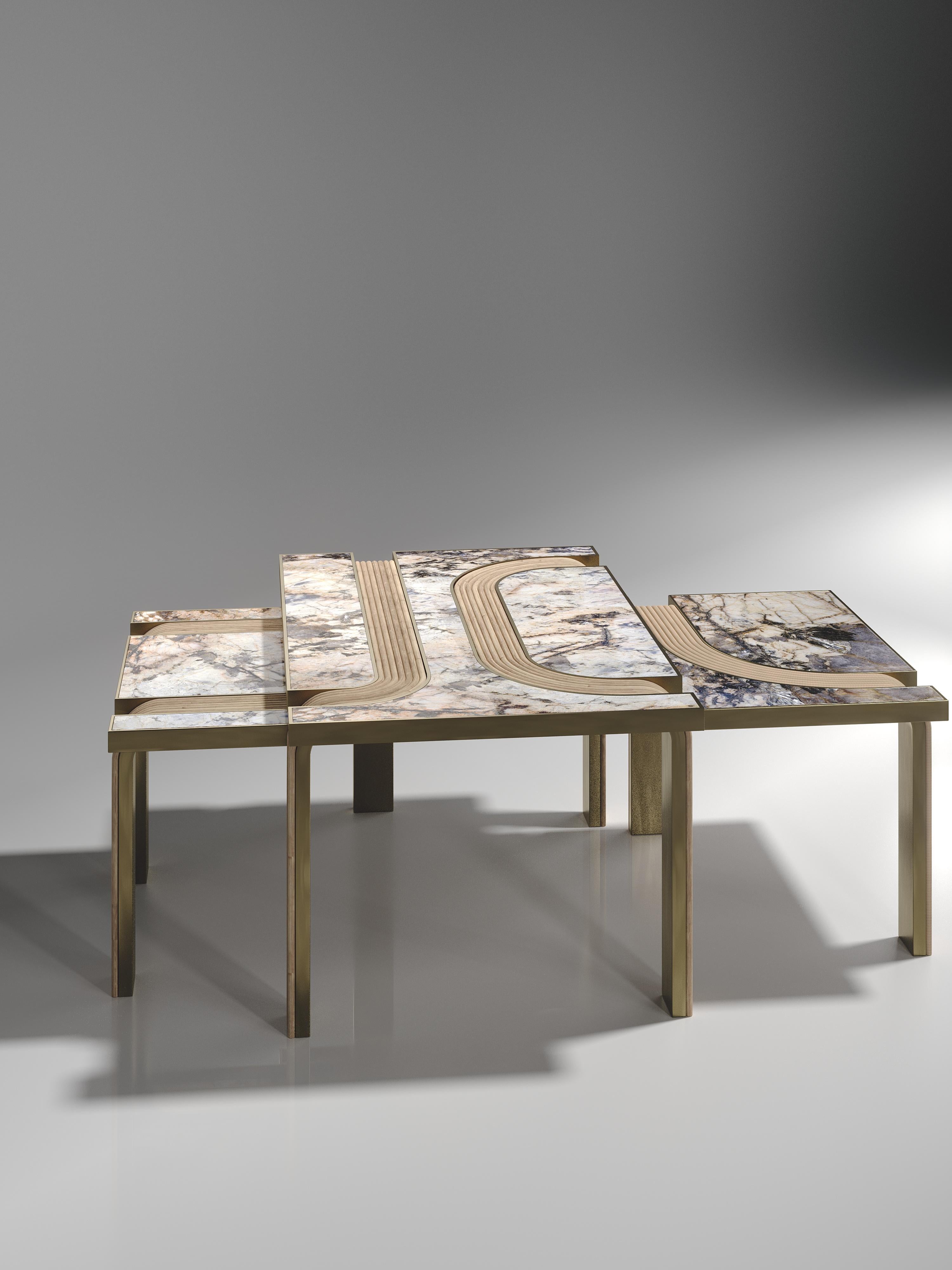 Art Deco Rattan Nesting Coffee Tables with Patagonia and Brass Inlay by R&Y Augousti For Sale