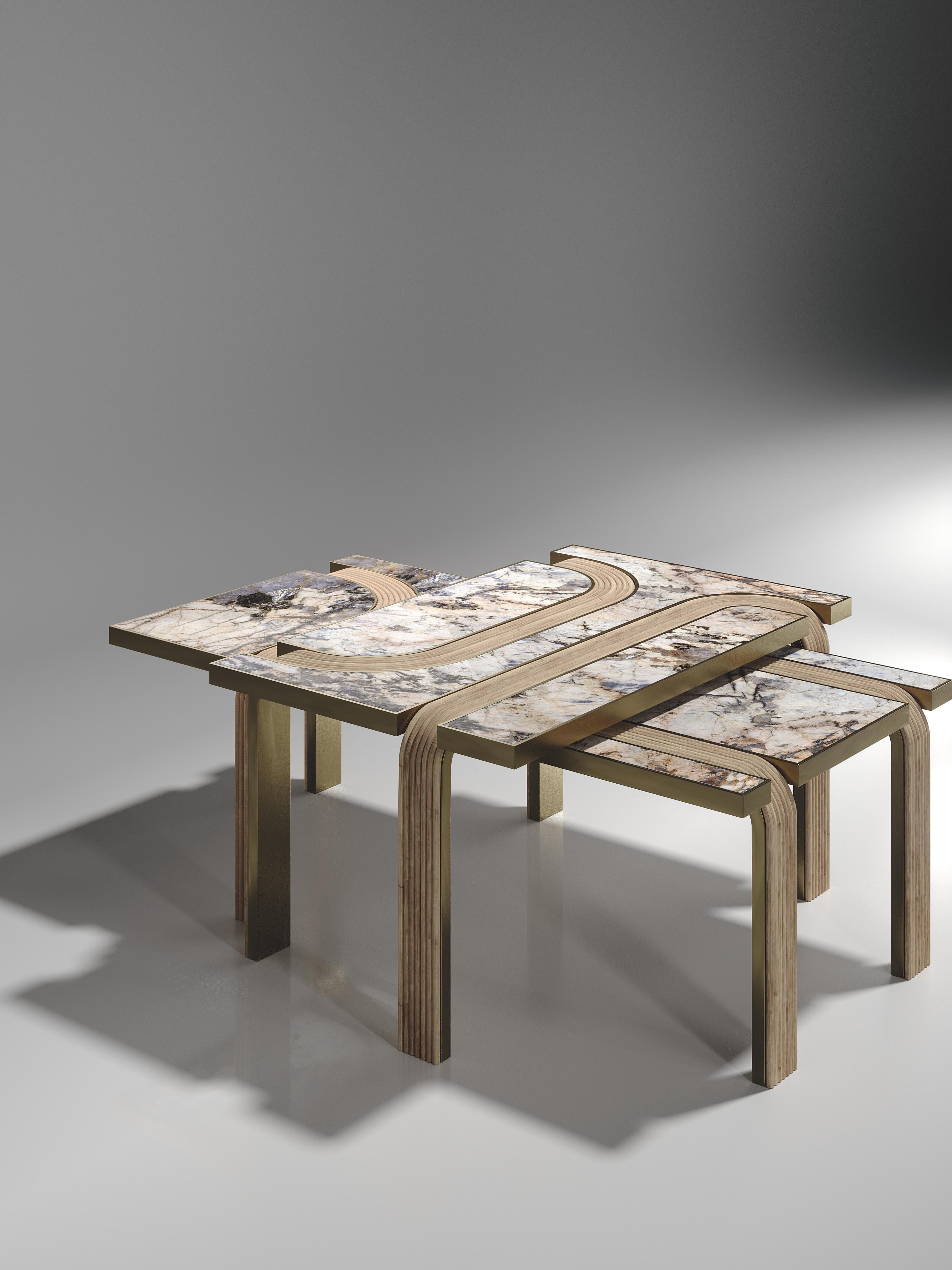 French Rattan Nesting Coffee Tables with Patagonia and Brass Inlay by R&Y Augousti For Sale