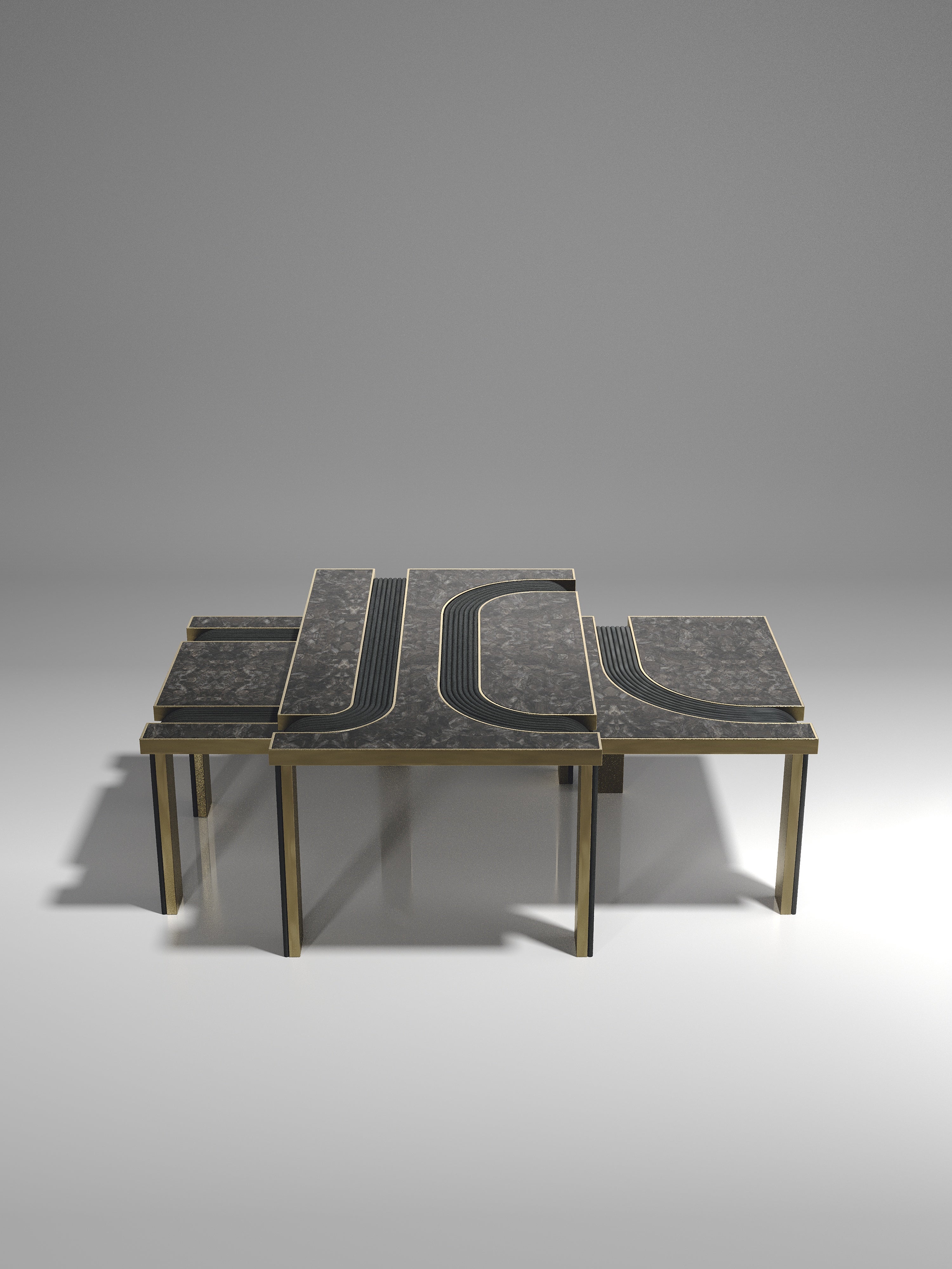 Contemporary Rattan Nesting Coffee Tables with Patagonia and Brass Inlay by R&Y Augousti For Sale