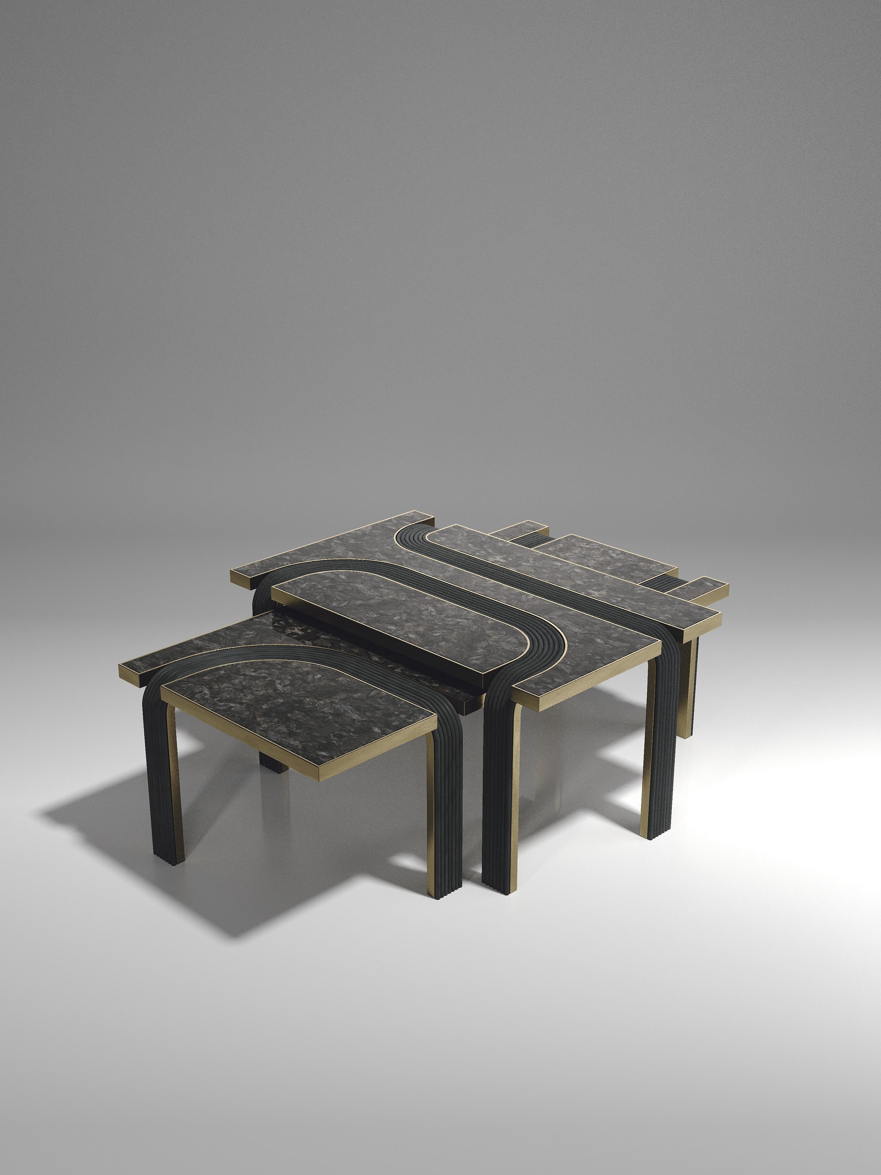 Rattan Nesting Coffee Tables with Quartz and Brass Inlay by R&Y Augousti For Sale 2