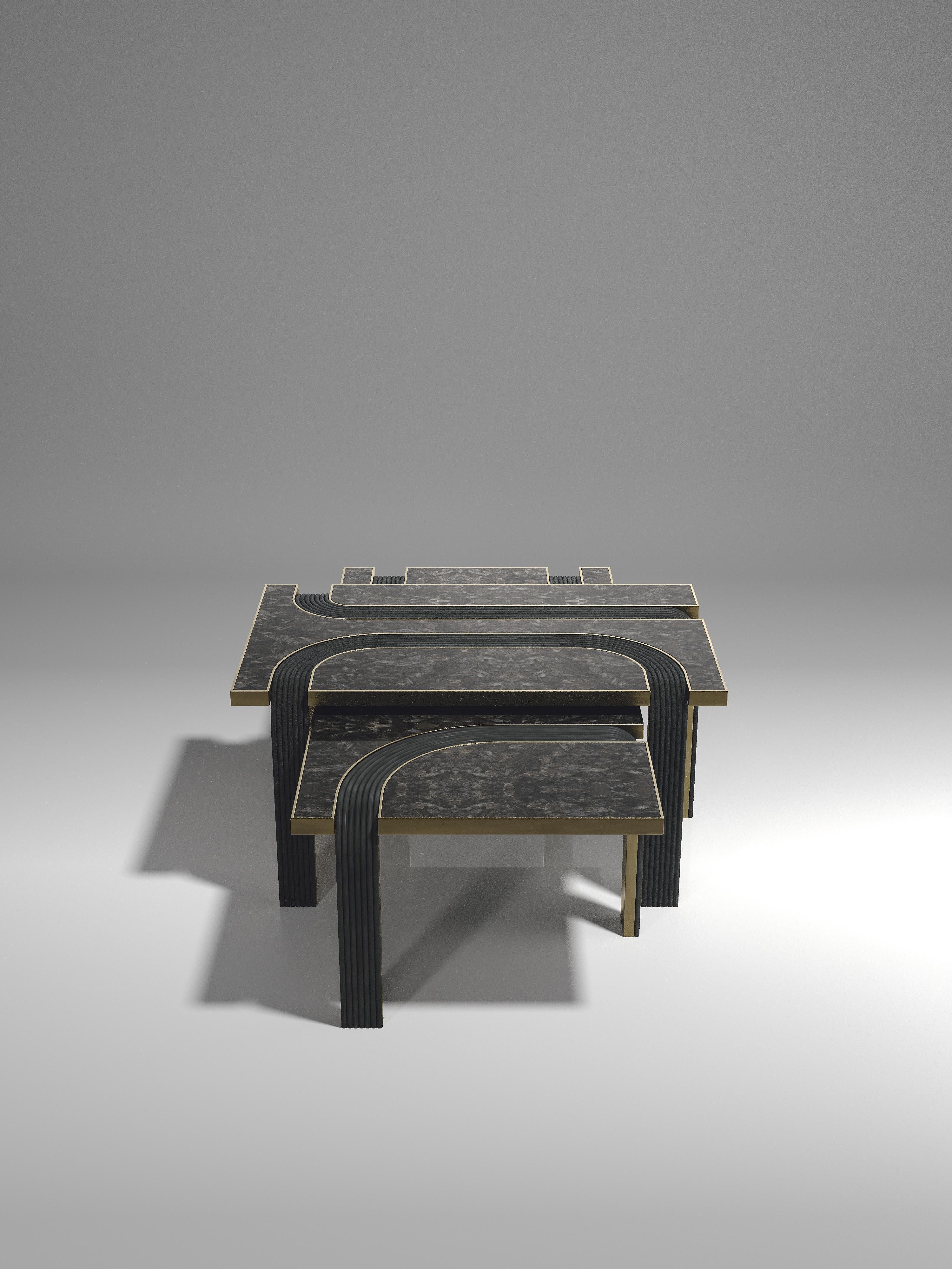 Art Deco Rattan Nesting Coffee Tables with Quartz and Brass Inlay by R&Y Augousti For Sale