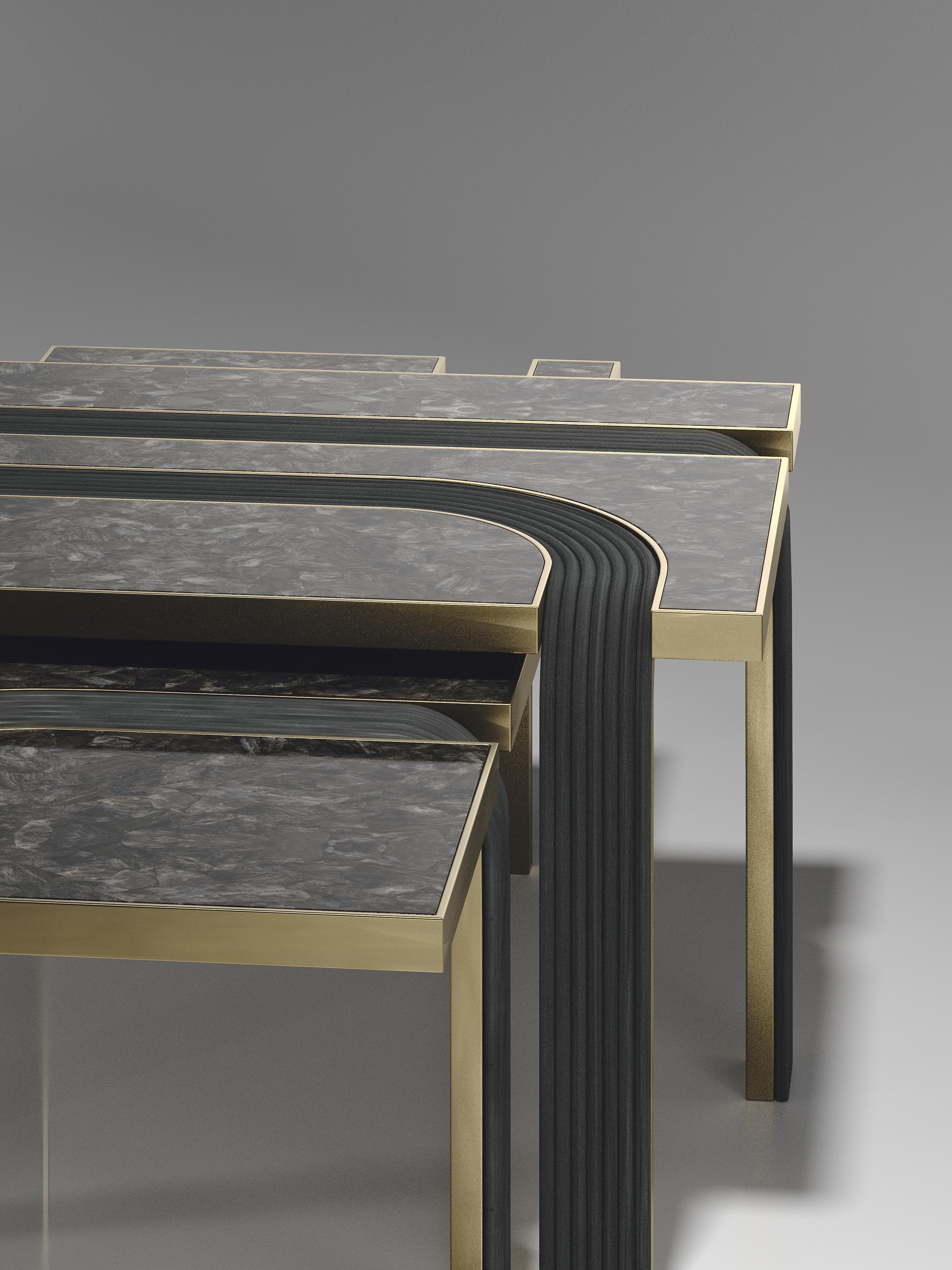 Hand-Crafted Rattan Nesting Coffee Tables with Quartz and Brass Inlay by R&Y Augousti For Sale
