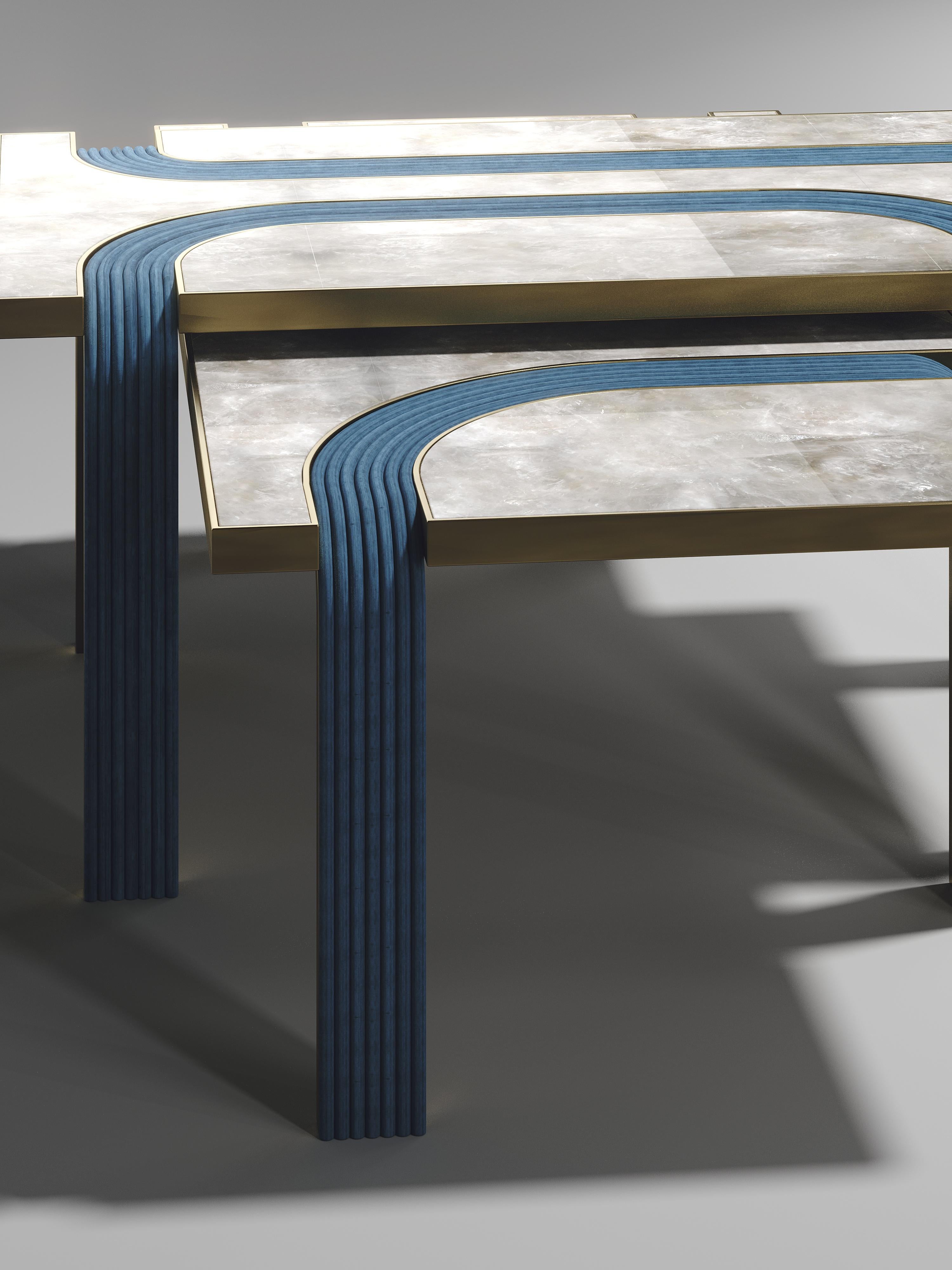 Contemporary Rattan Nesting Coffee Tables with Quartz and Brass Inlay by R&Y Augousti For Sale