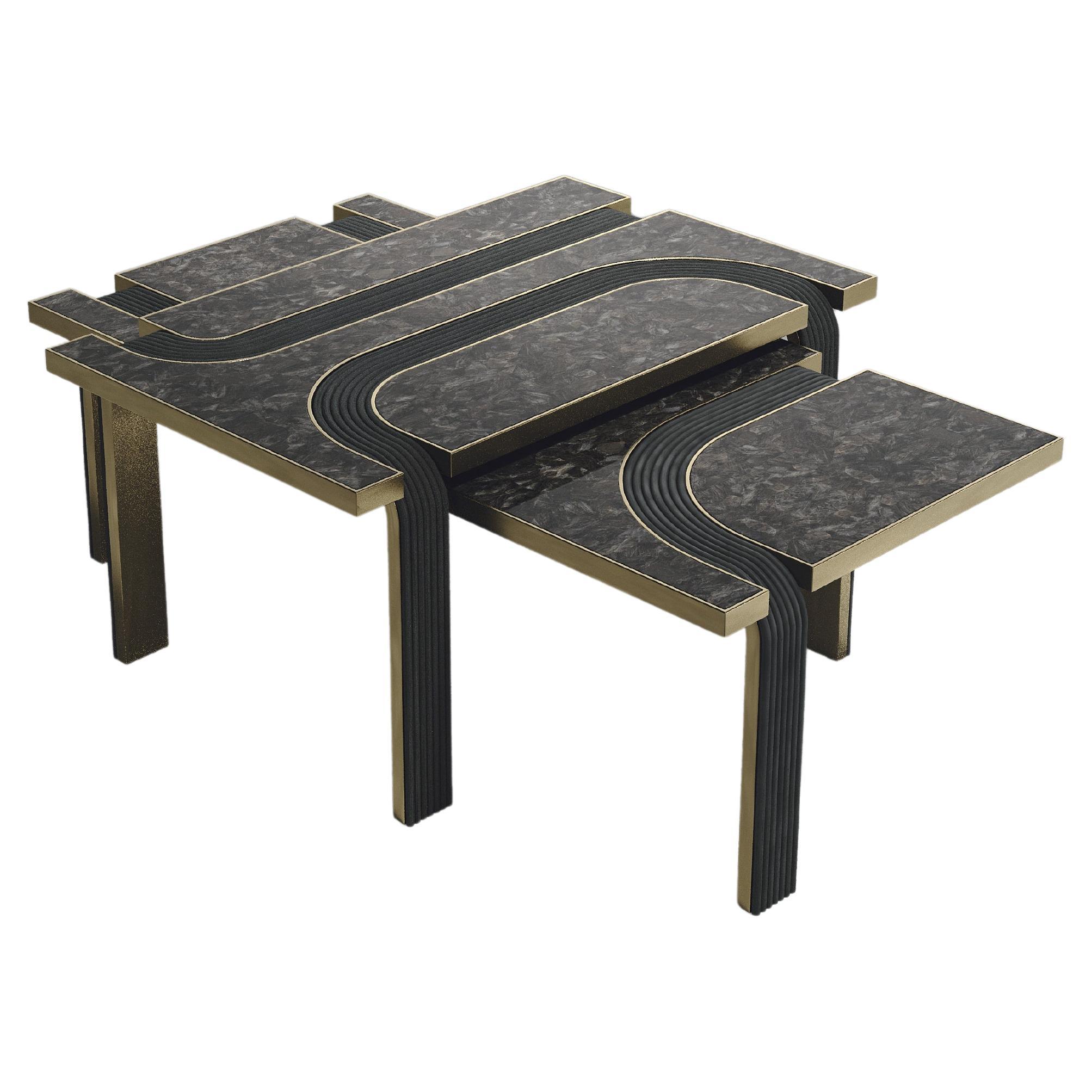 Rattan Nesting Coffee Tables with Quartz and Brass Inlay by R&Y Augousti For Sale