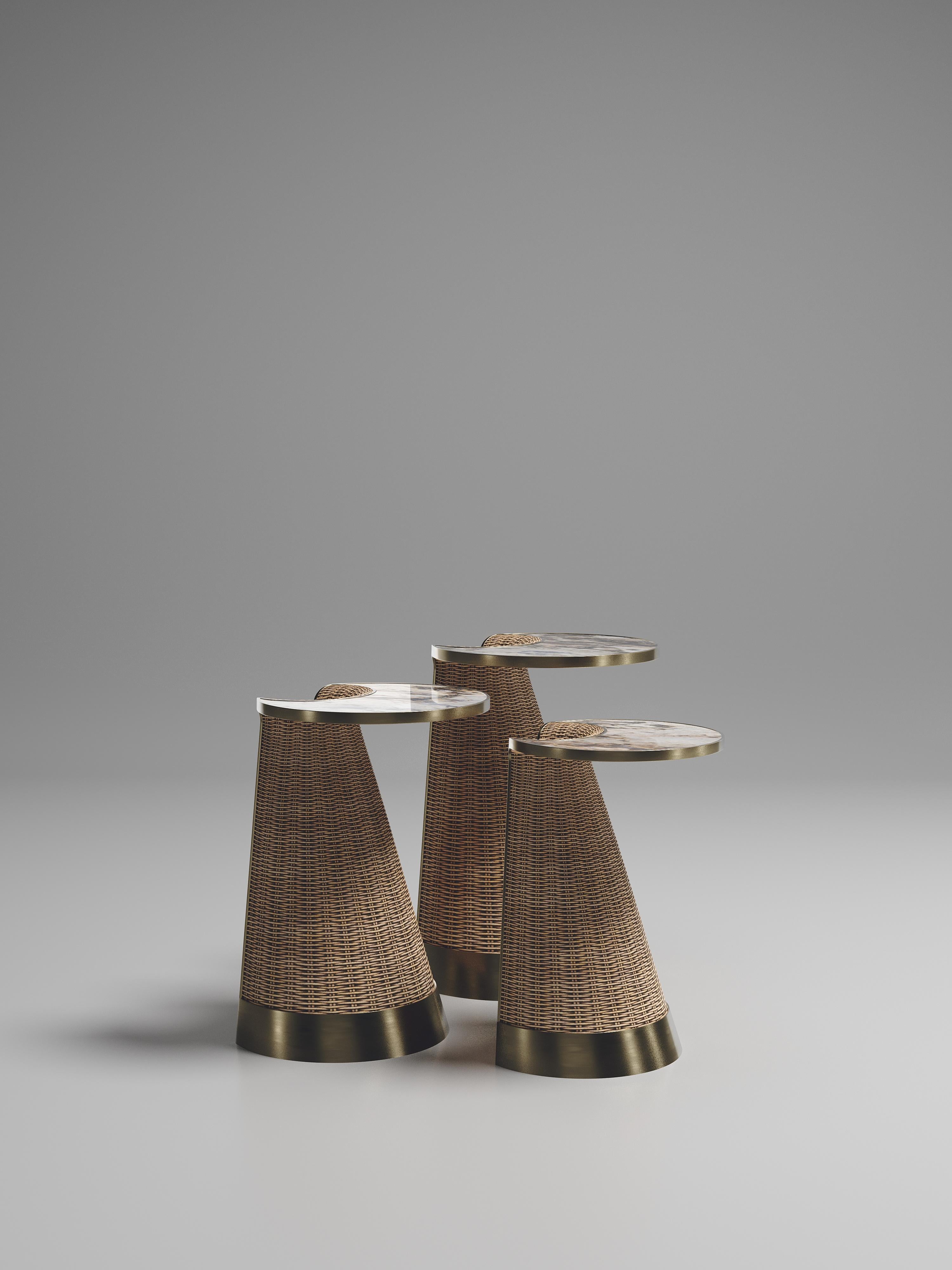 Rattan Nesting Side Tables with Patagonia and Brass Inlay by R&Y Augousti For Sale 2