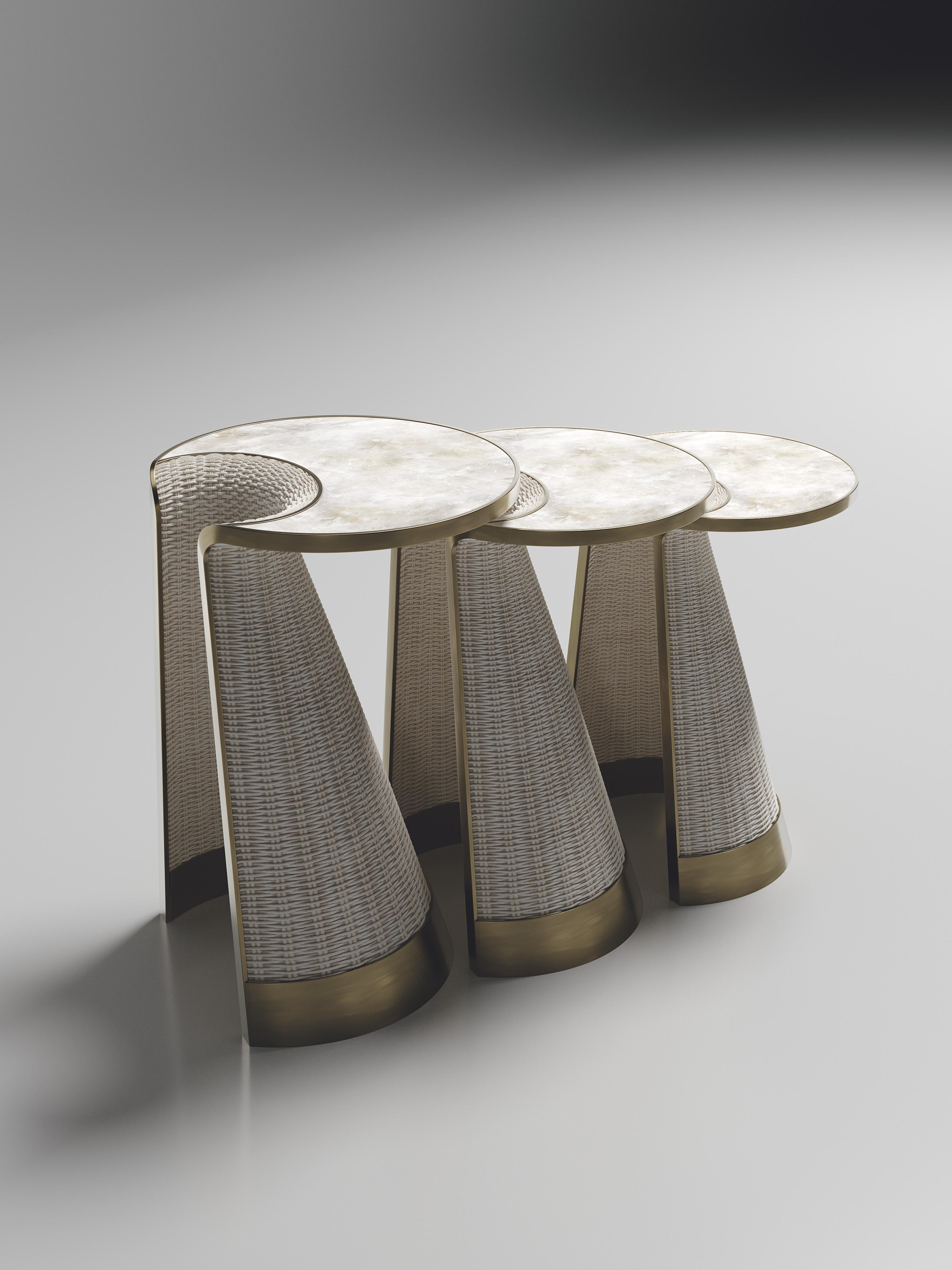 Art Deco Rattan Nesting Side Tables with Quartz and Brass Inlay by R&Y Augousti For Sale