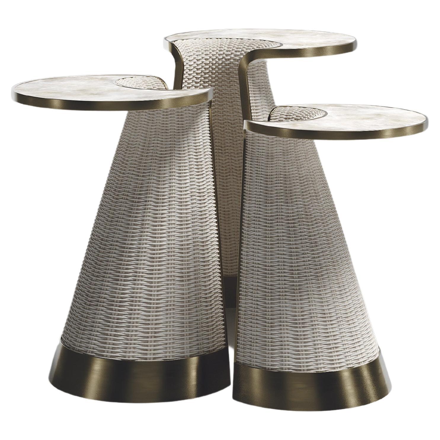 Rattan Nesting Side Tables with Quartz and Brass Inlay by R&Y Augousti For Sale