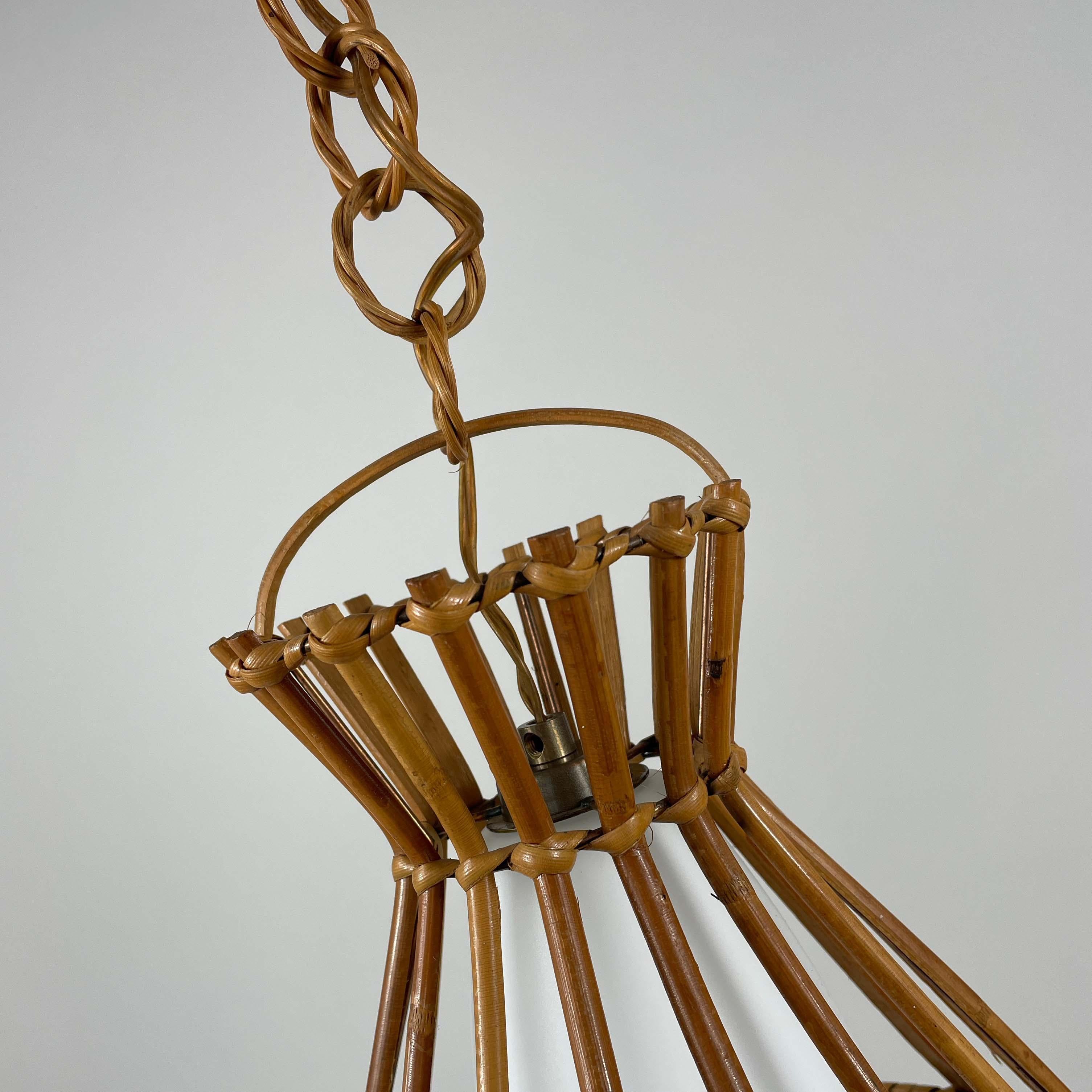 Rattan & Opaline Glass Pendant, Louis Sognot Style, France 1950s For Sale 4