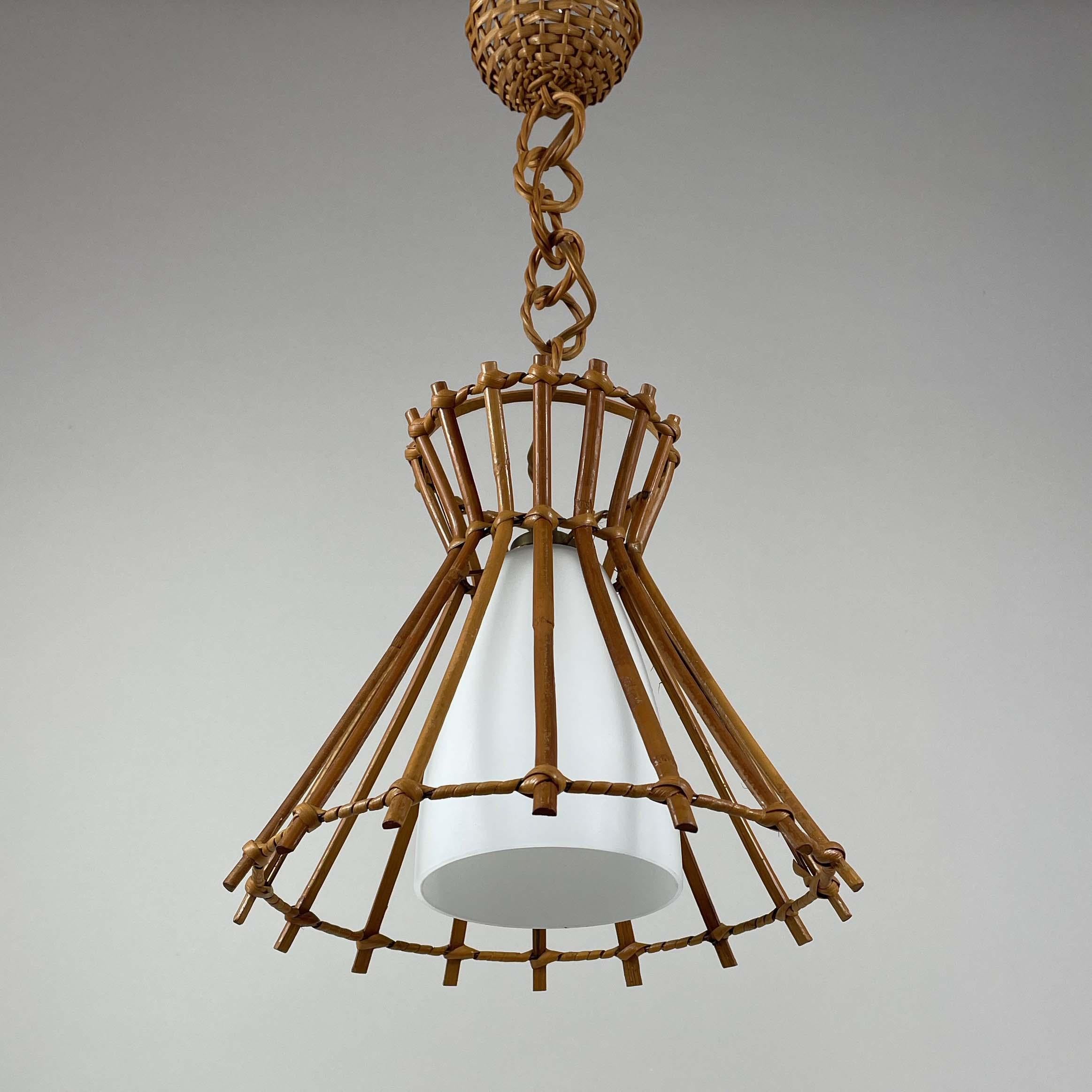 Rattan & Opaline Glass Pendant, Louis Sognot Style, France 1950s For Sale 8