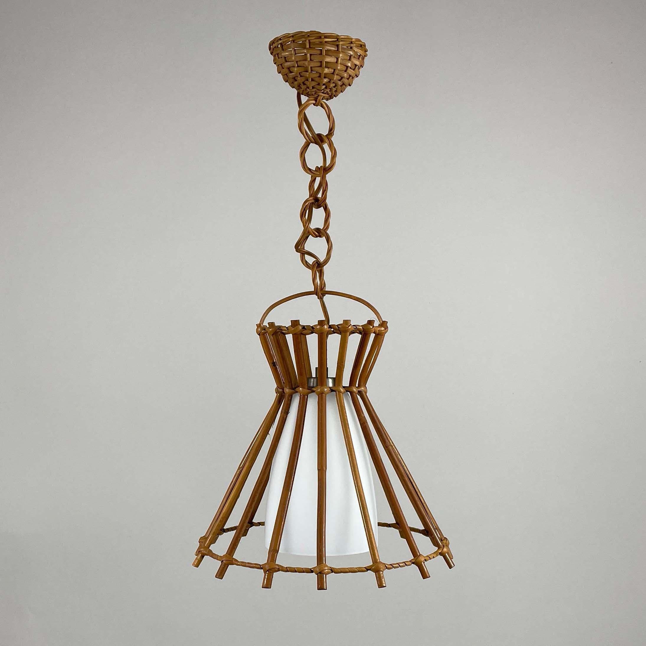 Rattan & Opaline Glass Pendant, Louis Sognot Style, France 1950s For Sale 9