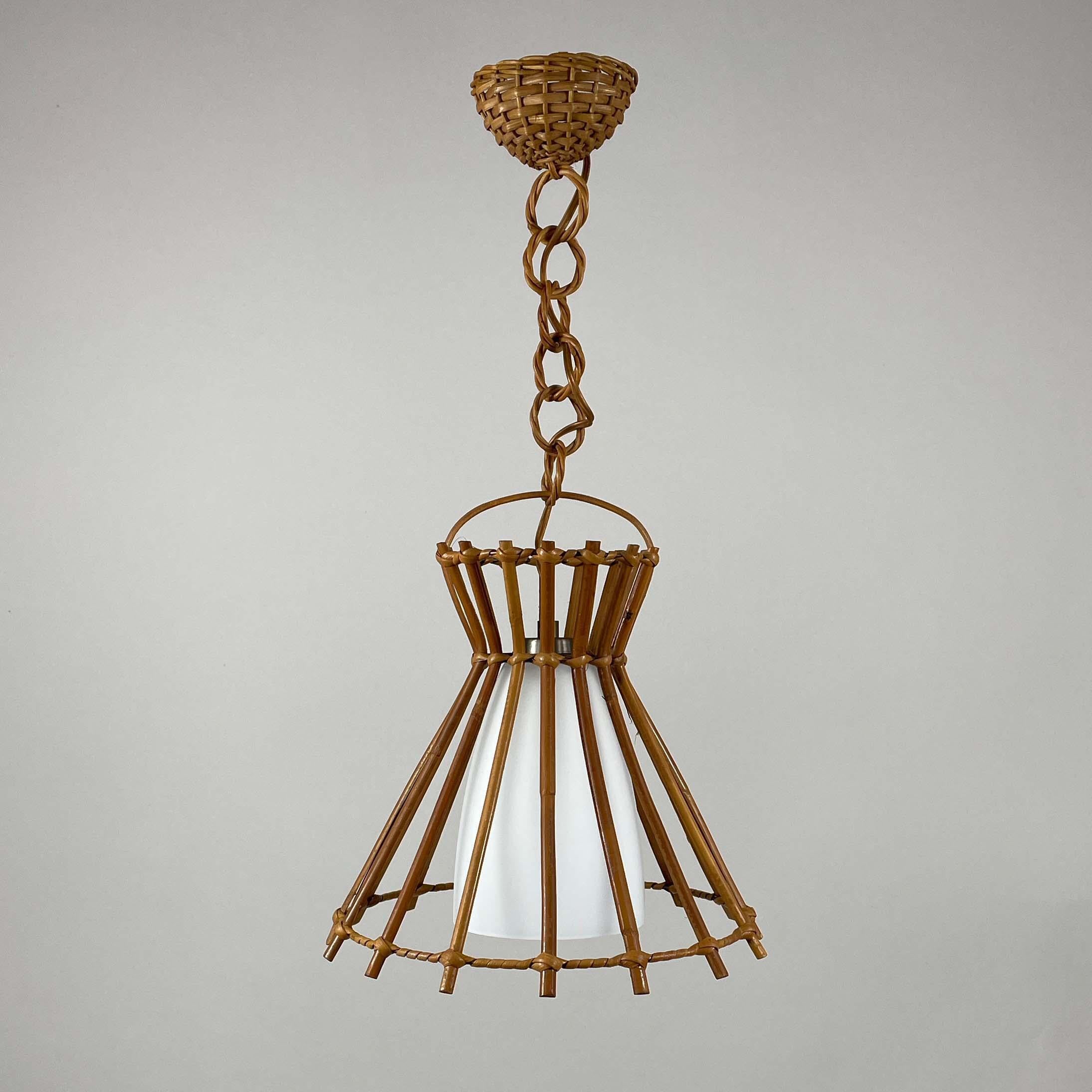 Mid-Century Modern Rattan & Opaline Glass Pendant, Louis Sognot Style, France 1950s For Sale