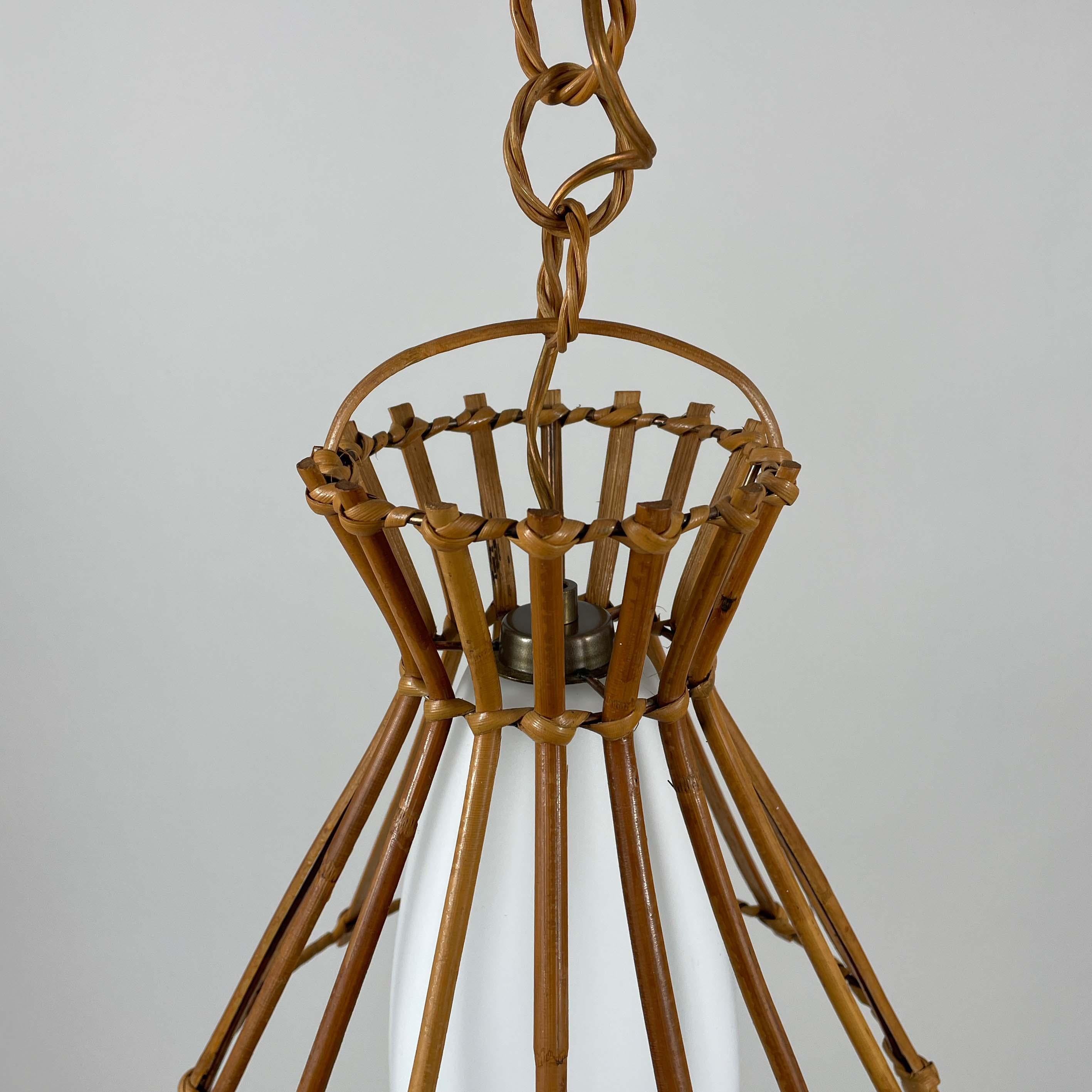 French Rattan & Opaline Glass Pendant, Louis Sognot Style, France 1950s For Sale