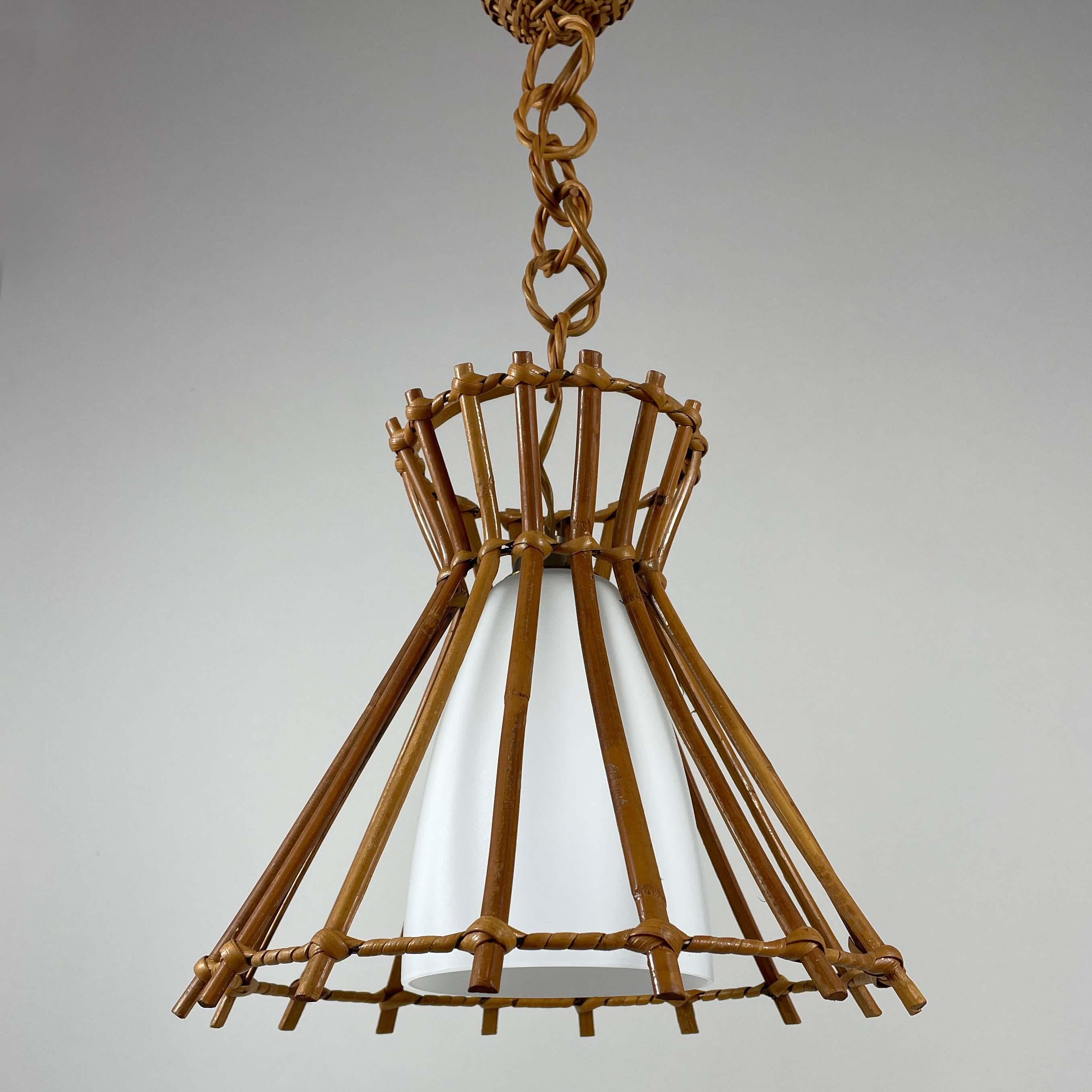 Rattan & Opaline Glass Pendant, Louis Sognot Style, France 1950s In Good Condition For Sale In NUEMBRECHT, NRW
