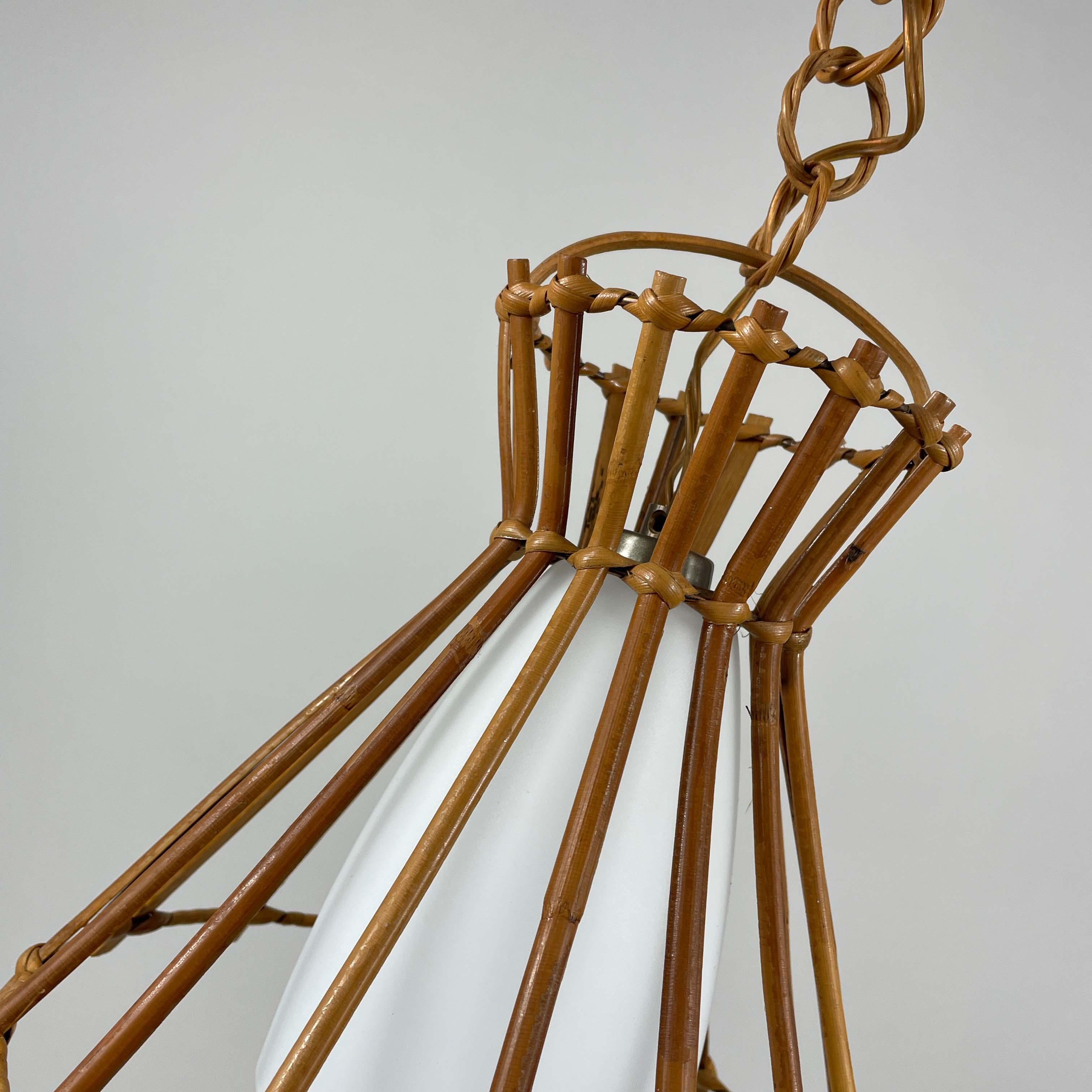 Mid-20th Century Rattan & Opaline Glass Pendant, Louis Sognot Style, France 1950s For Sale
