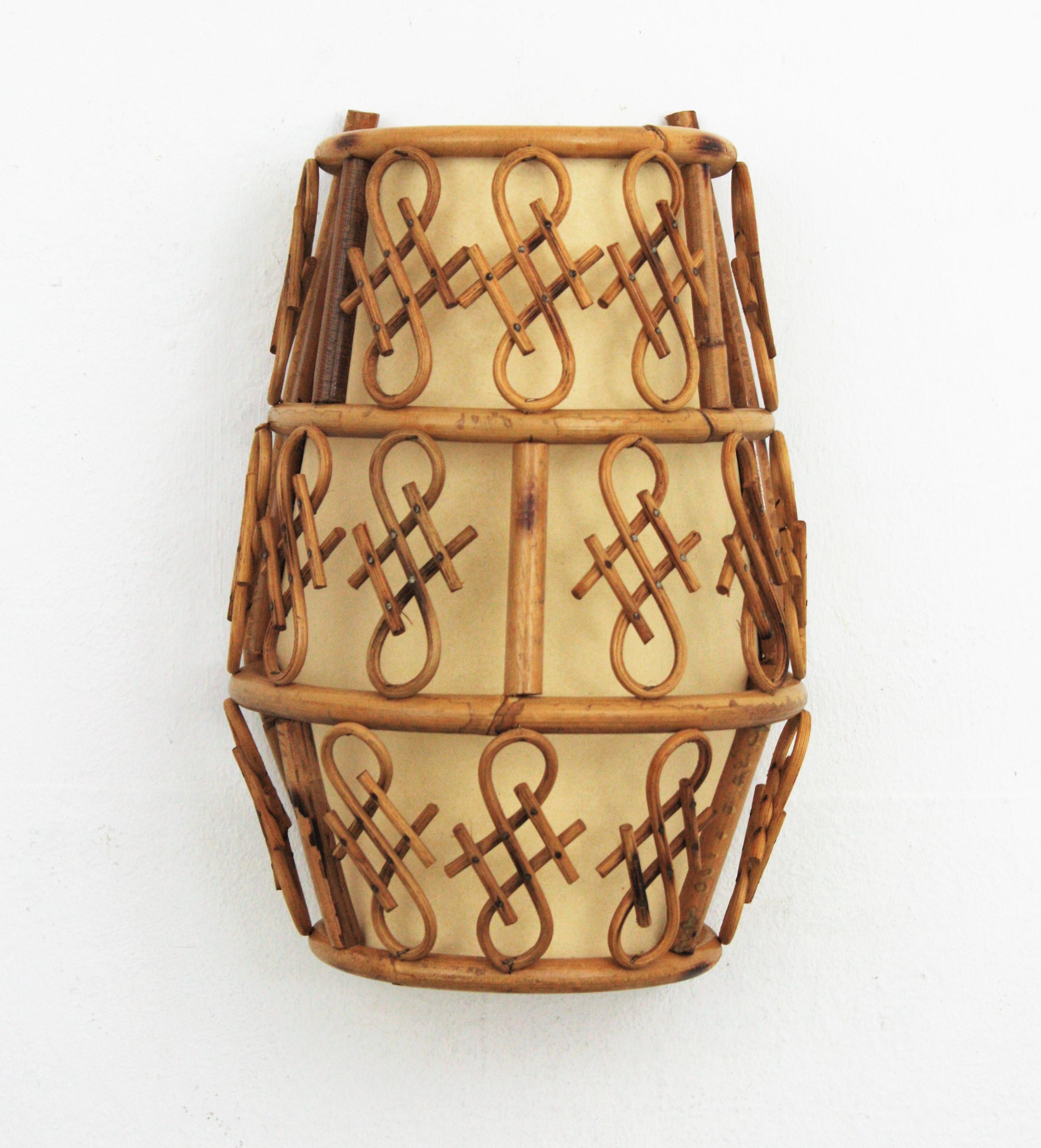 Mid-Century Modern French Modernist Wall Sconce in Rattan For Sale