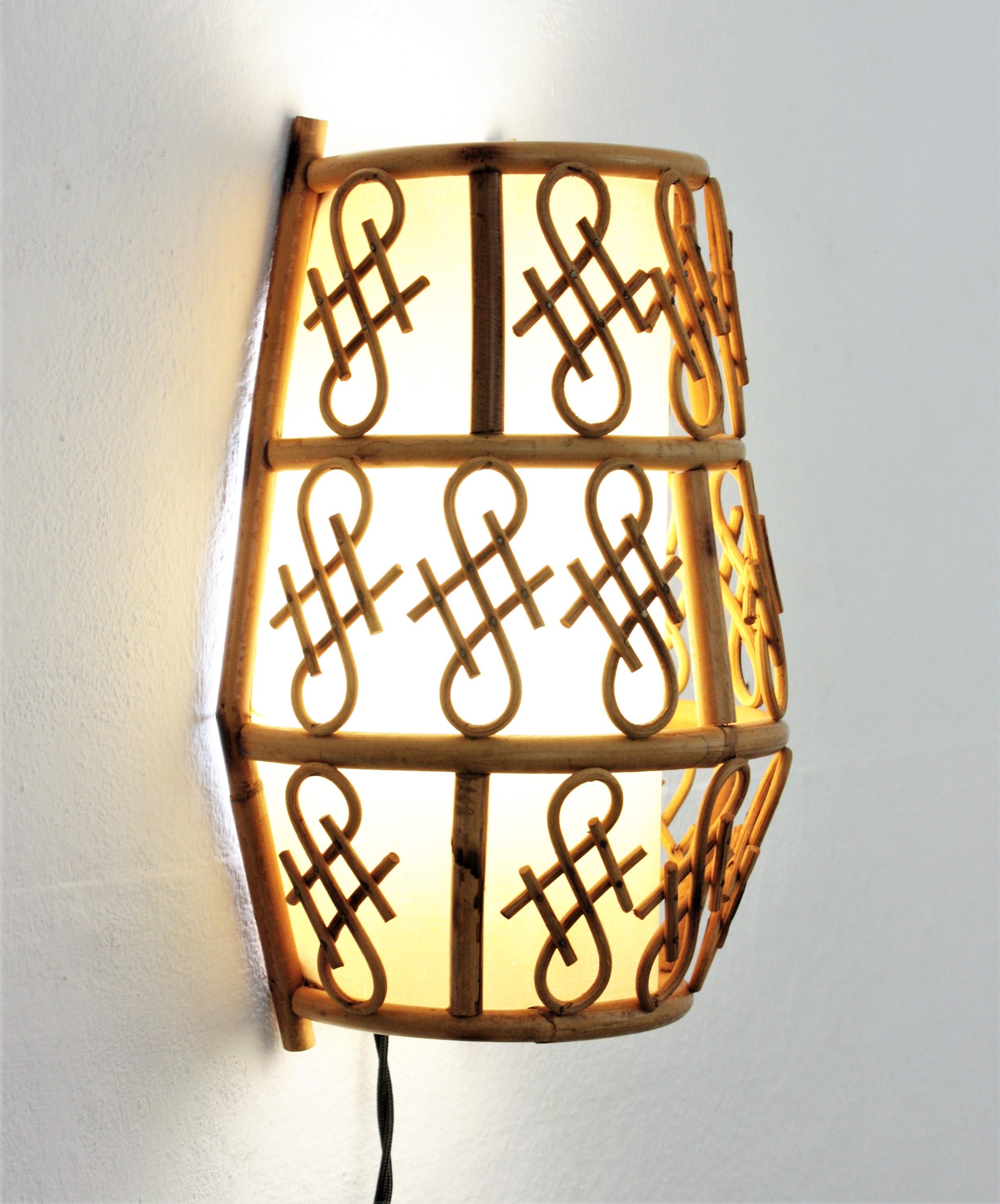 Bamboo French Modernist Wall Sconce in Rattan For Sale