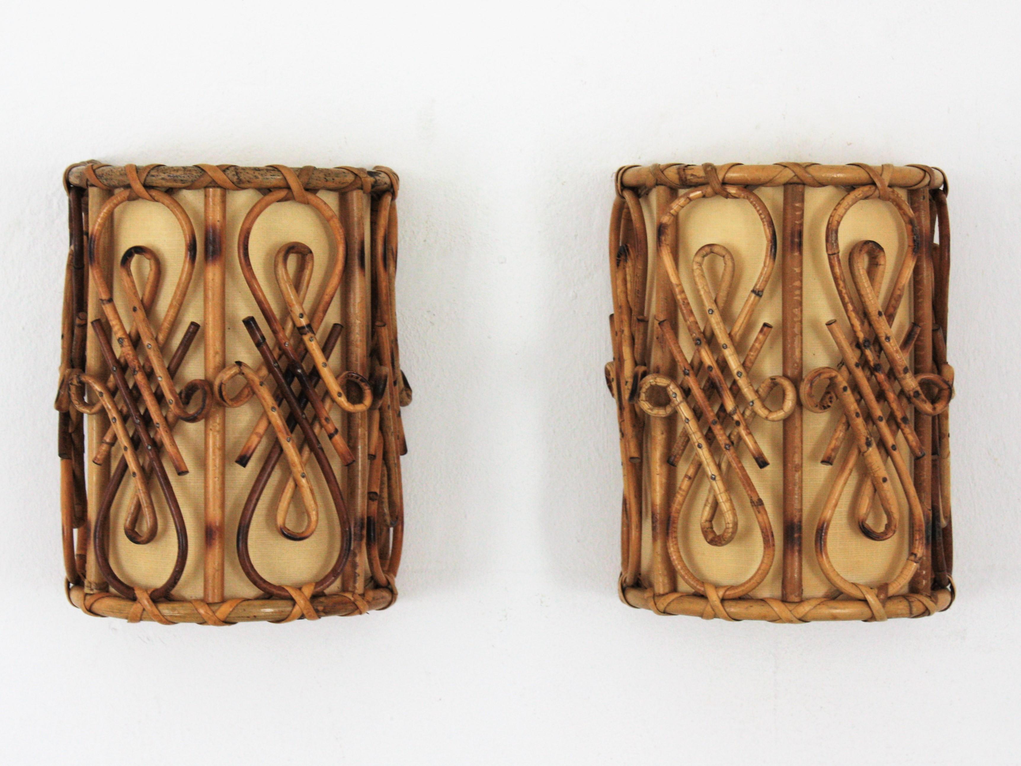 Rattan Oriental Inspired French Modernist Wall Sconces, Pair 4