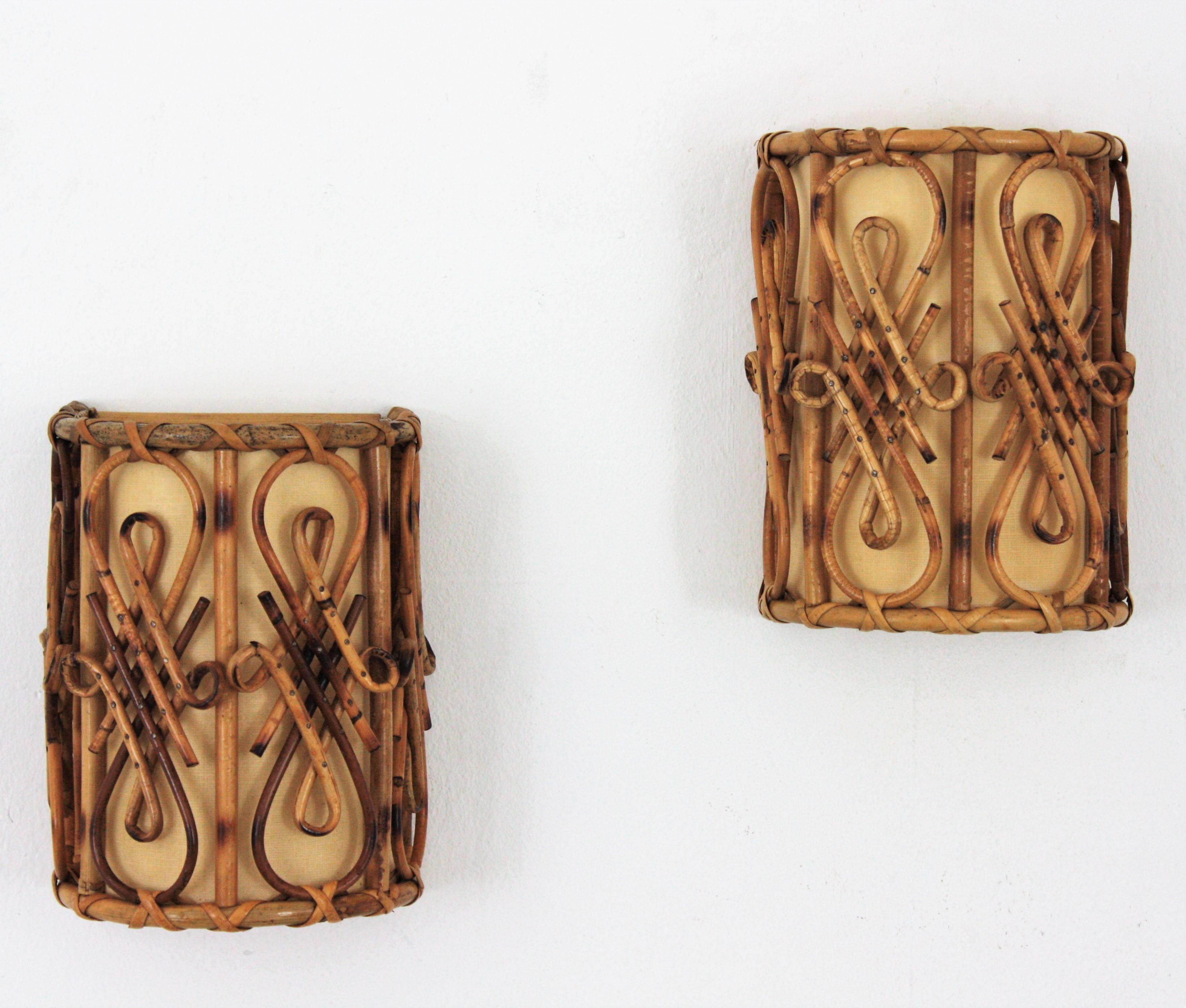 Mid-Century Modern Rattan Oriental Inspired French Modernist Wall Sconces, Pair