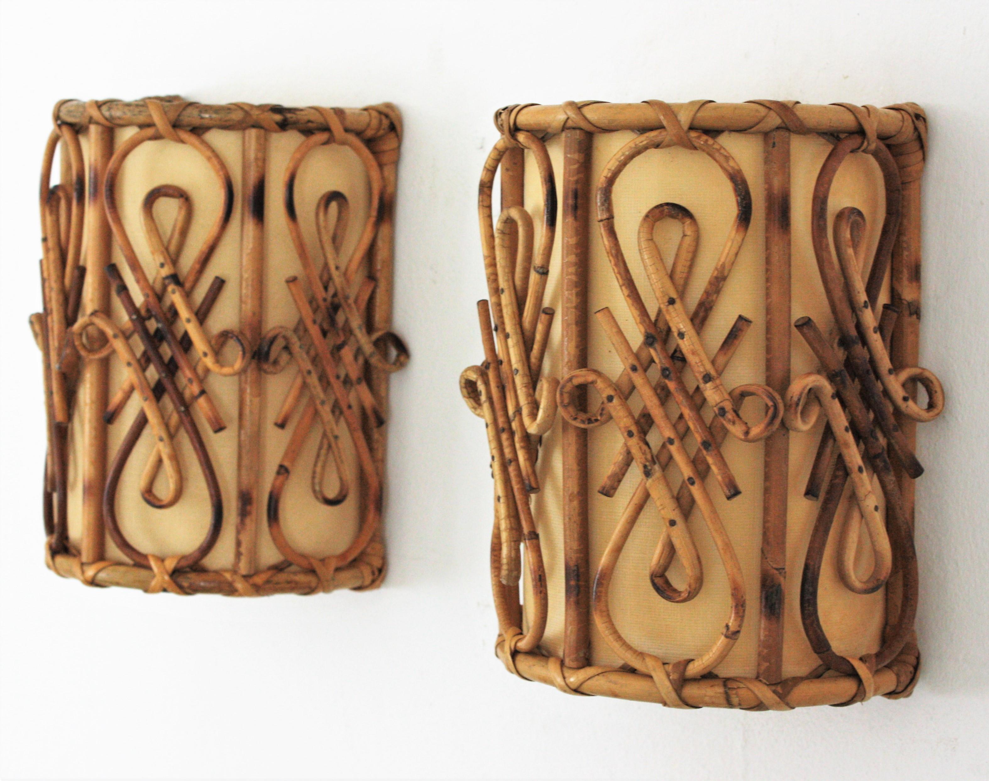 Italian Rattan Oriental Inspired French Modernist Wall Sconces, Pair