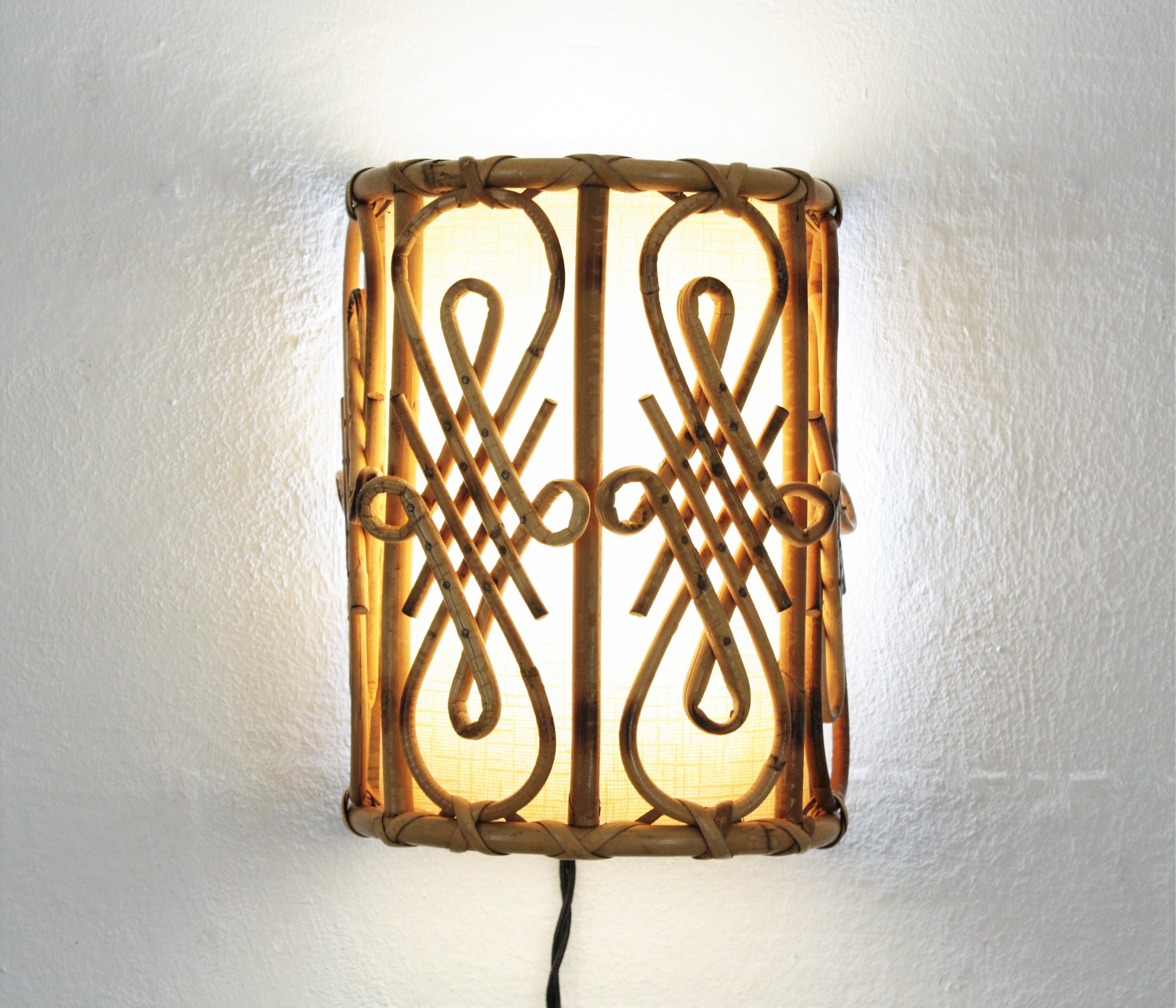 Cane Rattan Oriental Inspired French Modernist Wall Sconces, Pair