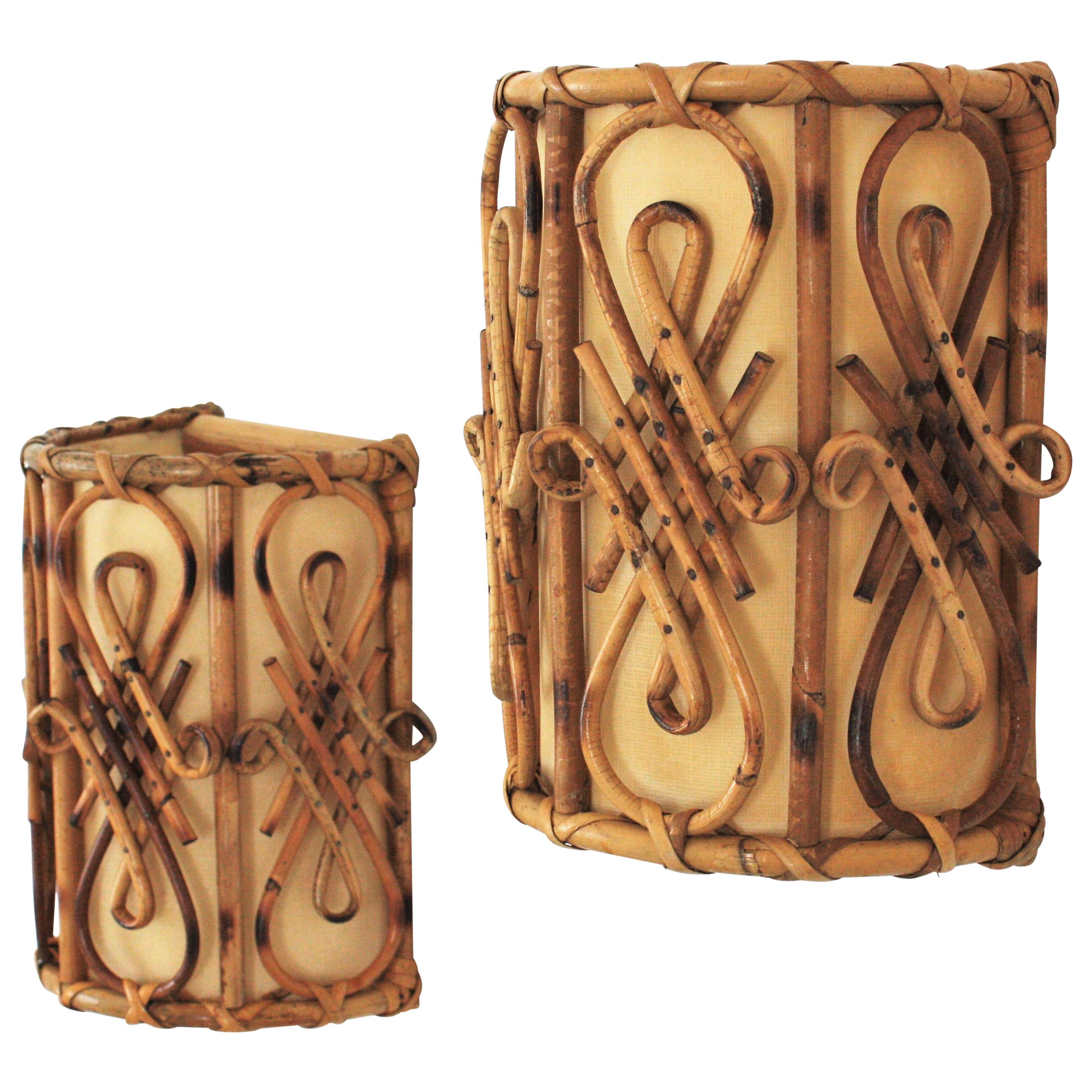 Rattan Oriental Inspired French Modernist Wall Sconces, Pair