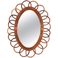 Rattan Oval Flower Mirror from France, 1960s