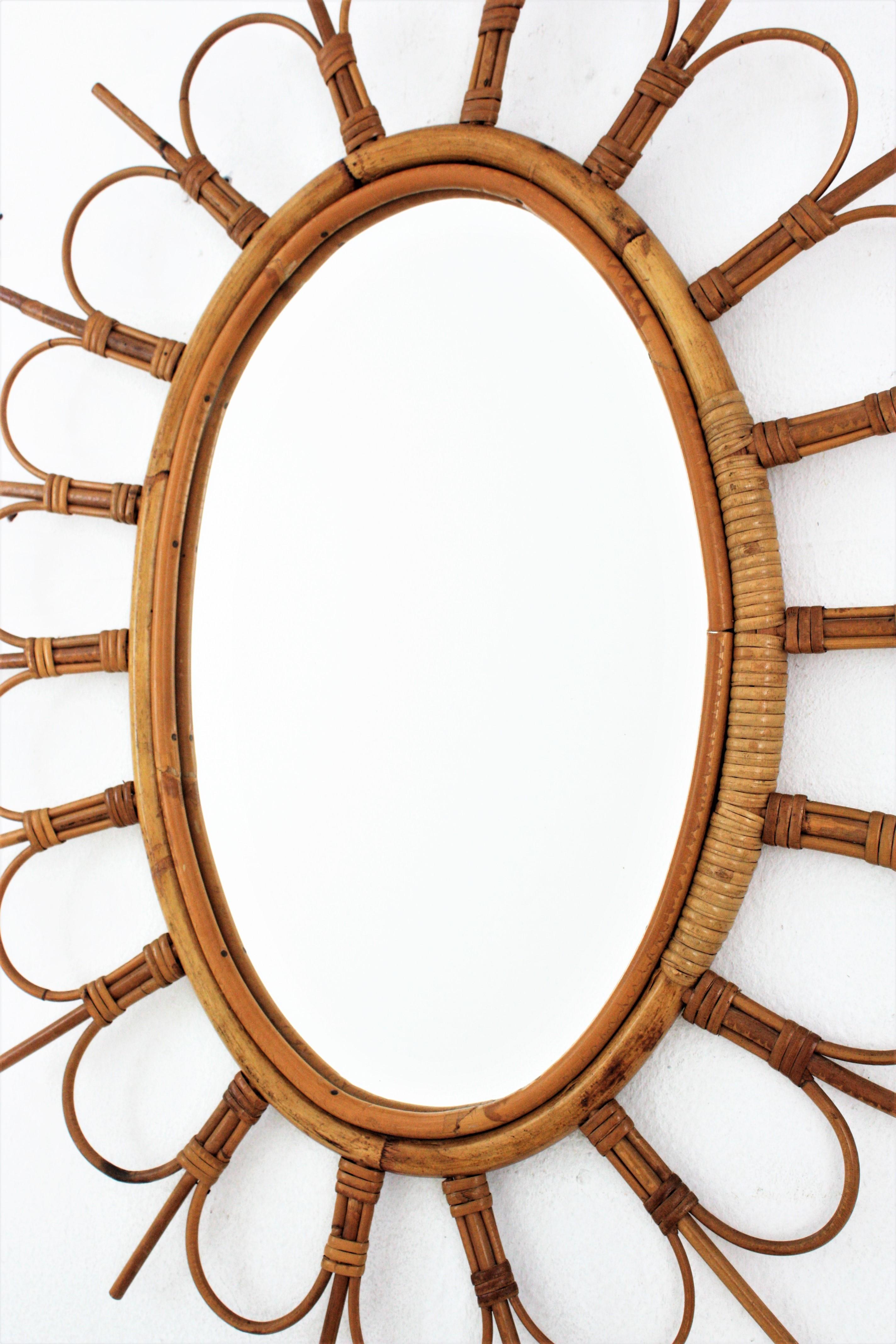 20th Century Rattan Oval Sunburst Flower Mirror from France, 1960s For Sale