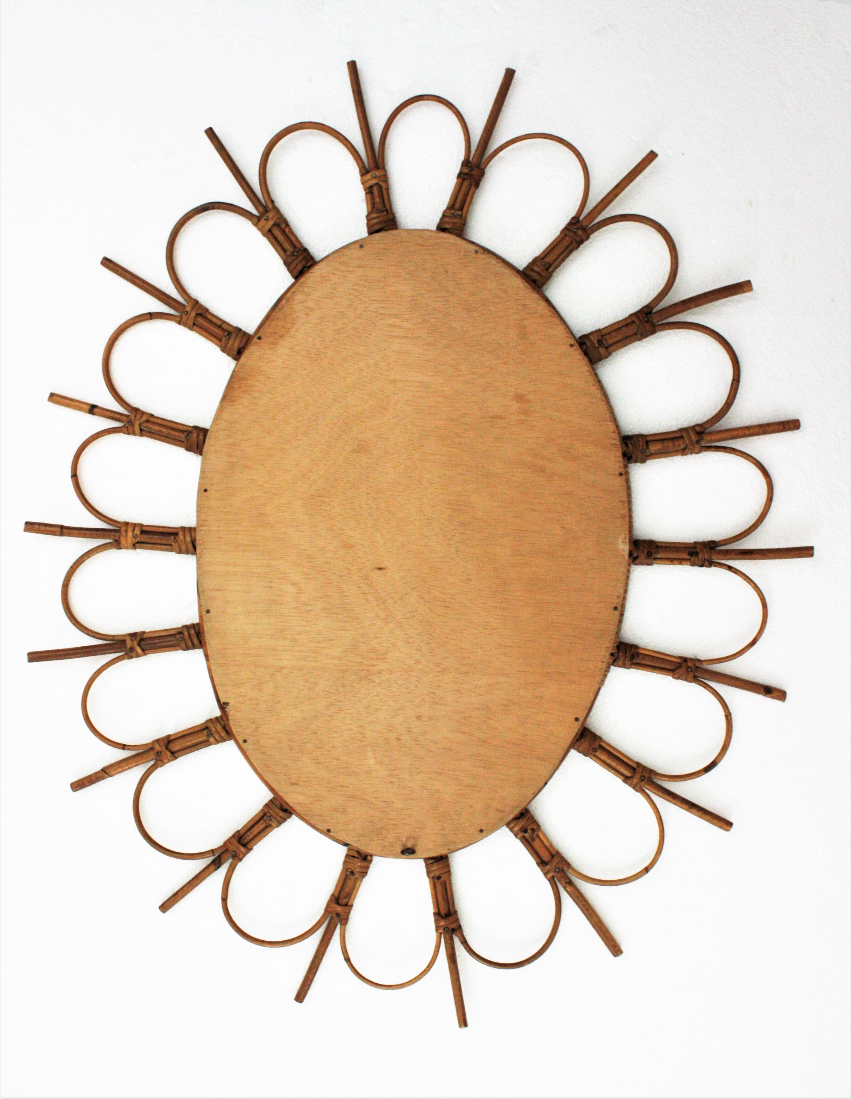 Wicker Rattan Oval Sunburst Flower Mirror from France, 1960s For Sale