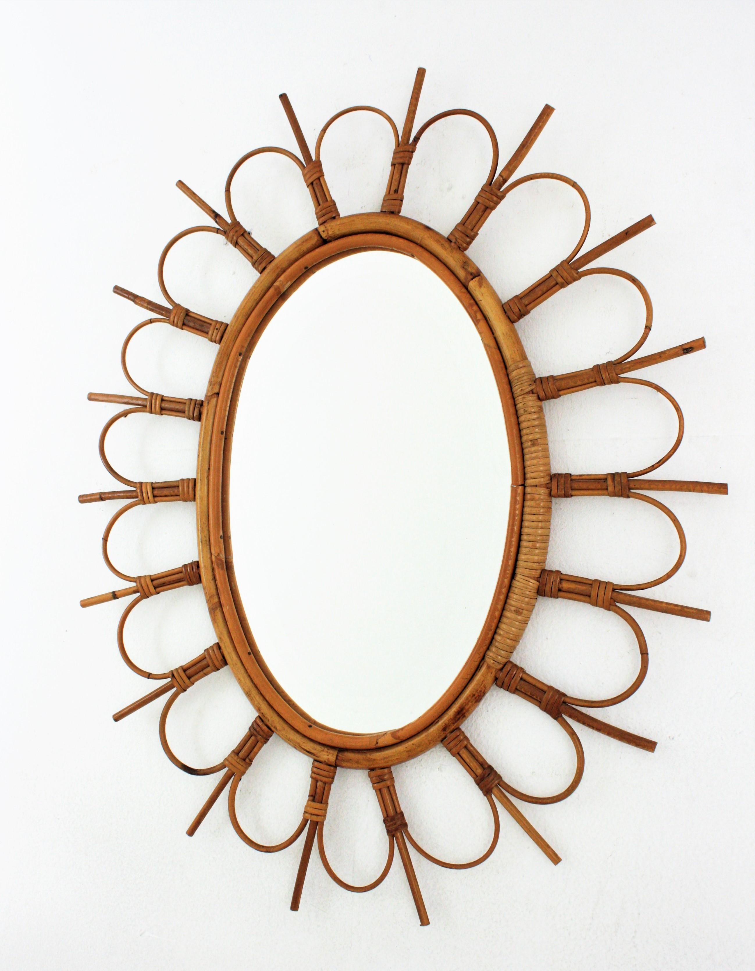 Hand-Crafted Rattan Oval Sunburst Flower Mirror from France, 1960s For Sale