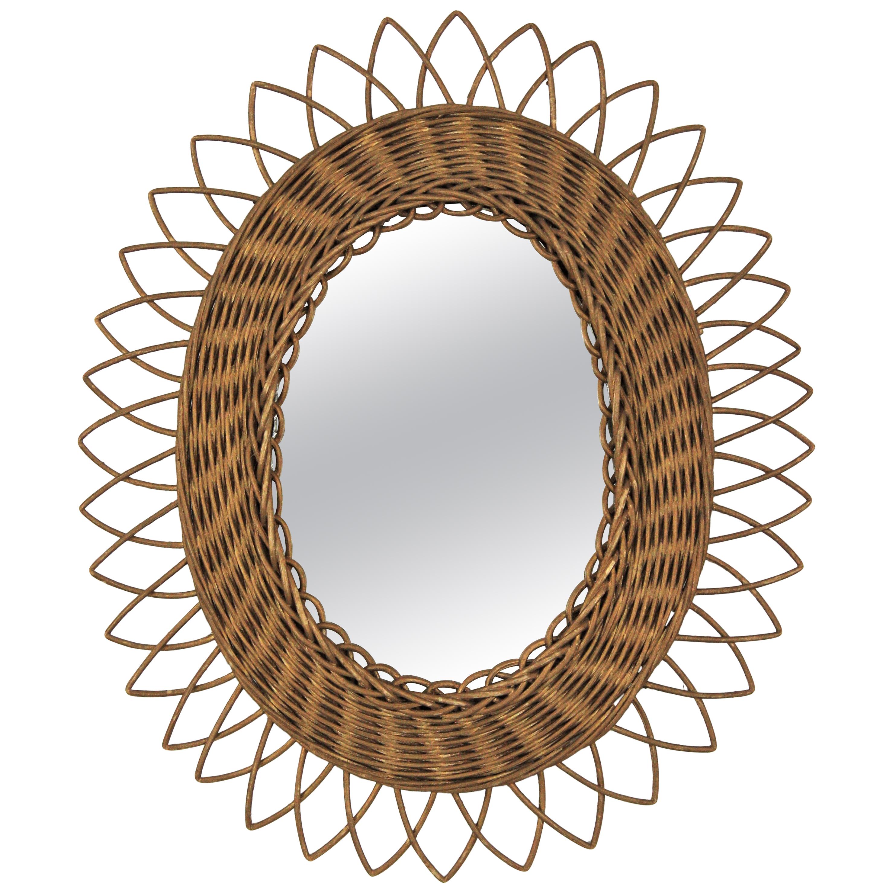 Rattan Oval Sunburst Mirror with Gold Paint